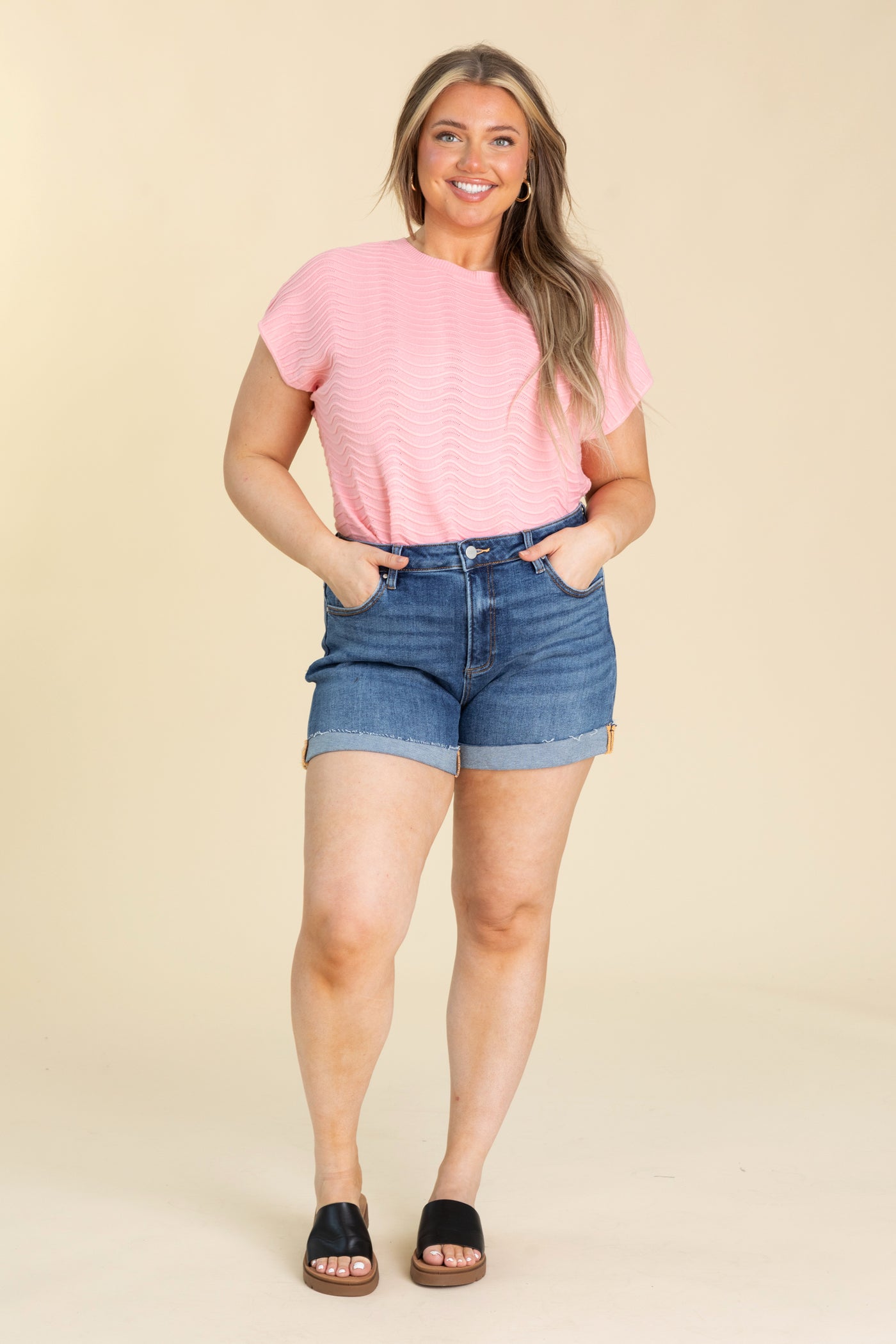 Risen High Rise Dark Wash Cuffed Shorts