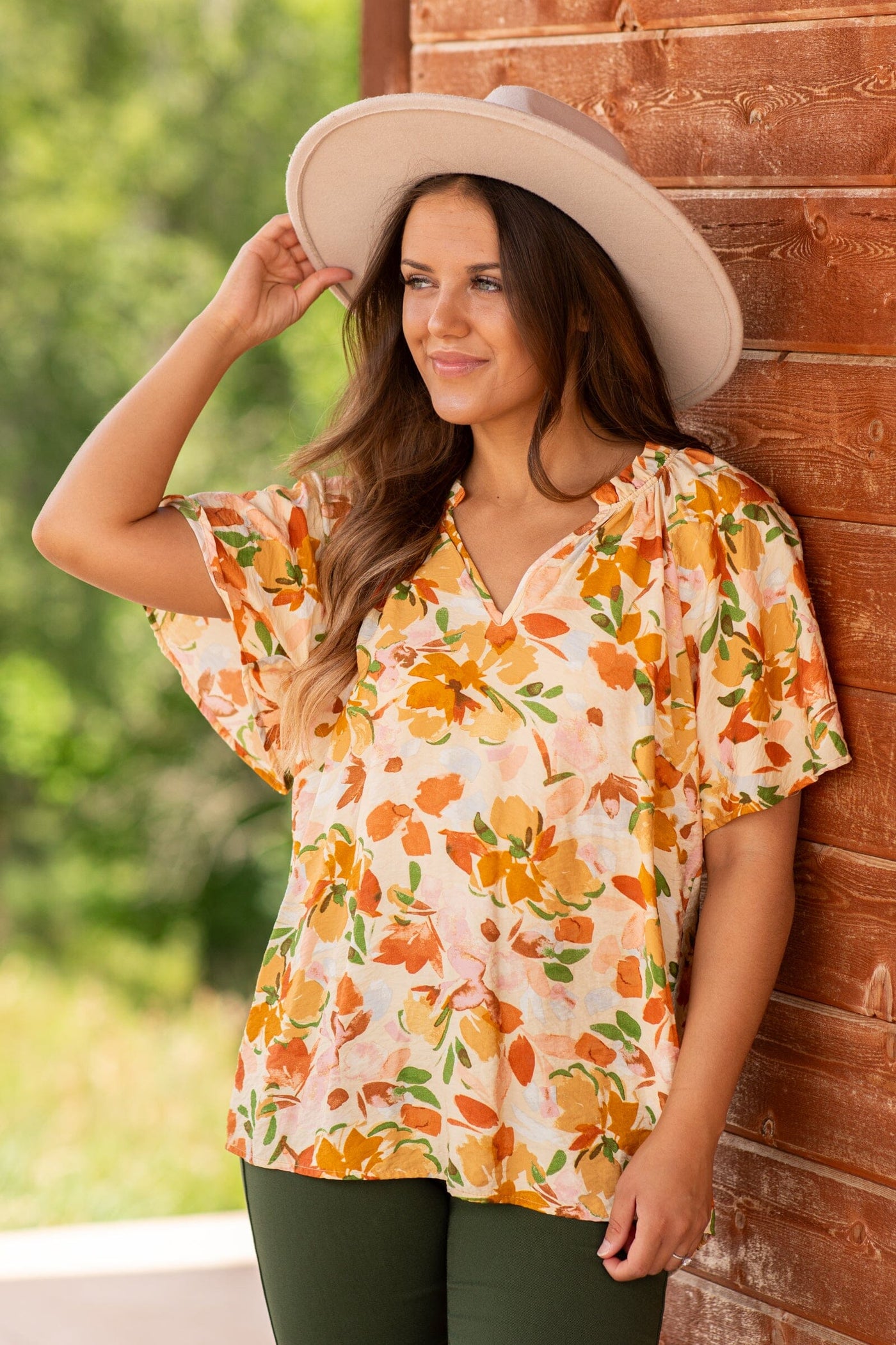 Orange Multicolor Floral Print Notch Neck Top - Filly Flair