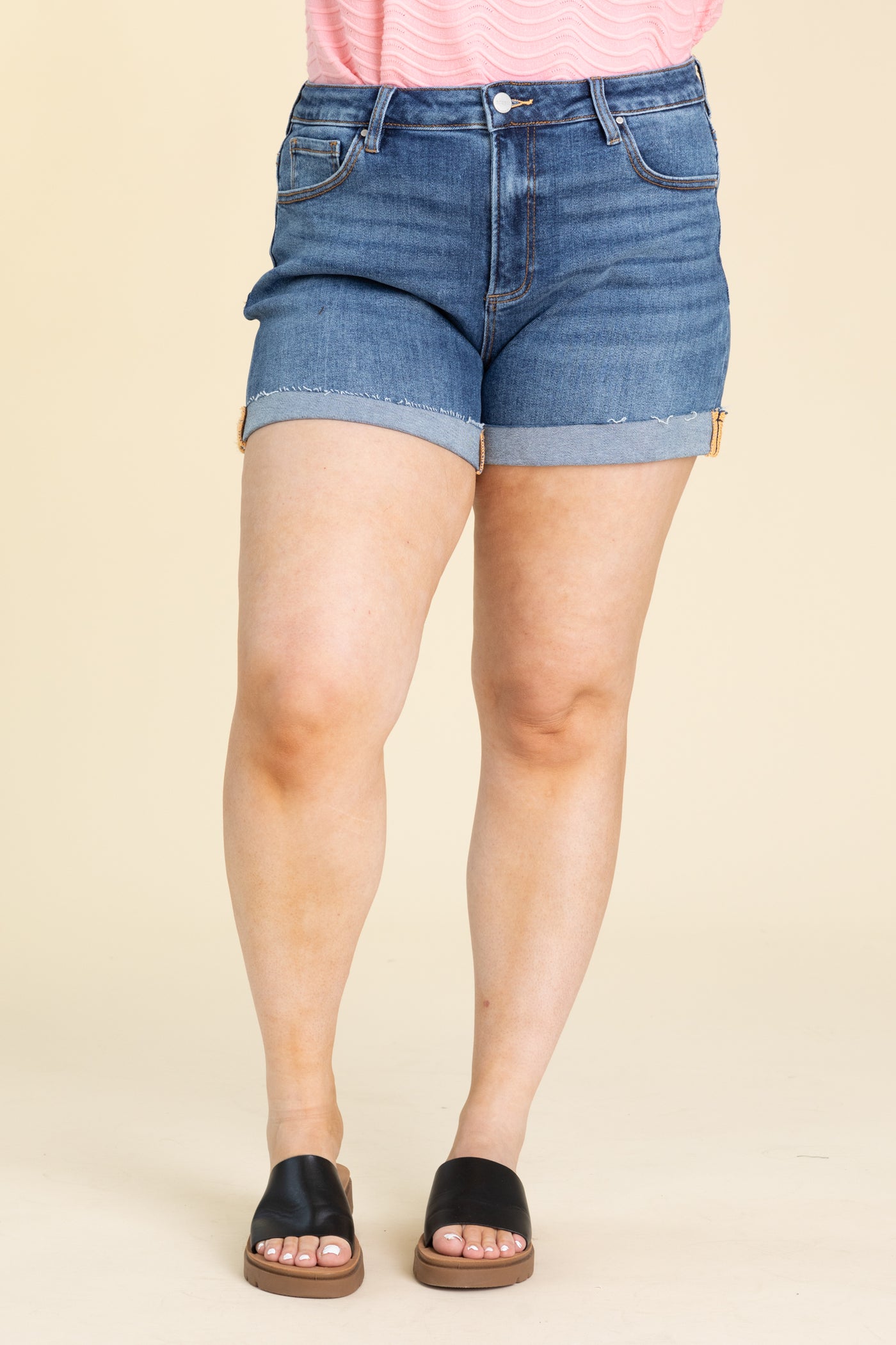 Risen High Rise Dark Wash Cuffed Shorts