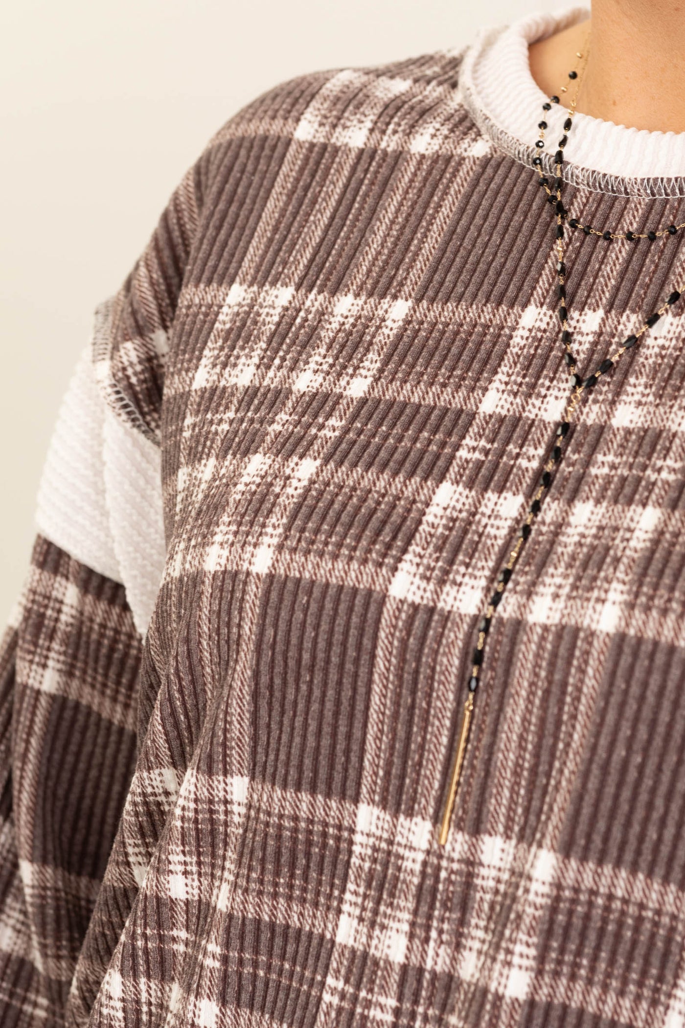 Brown Plaid Ribbed Knit Long Sleeve Top