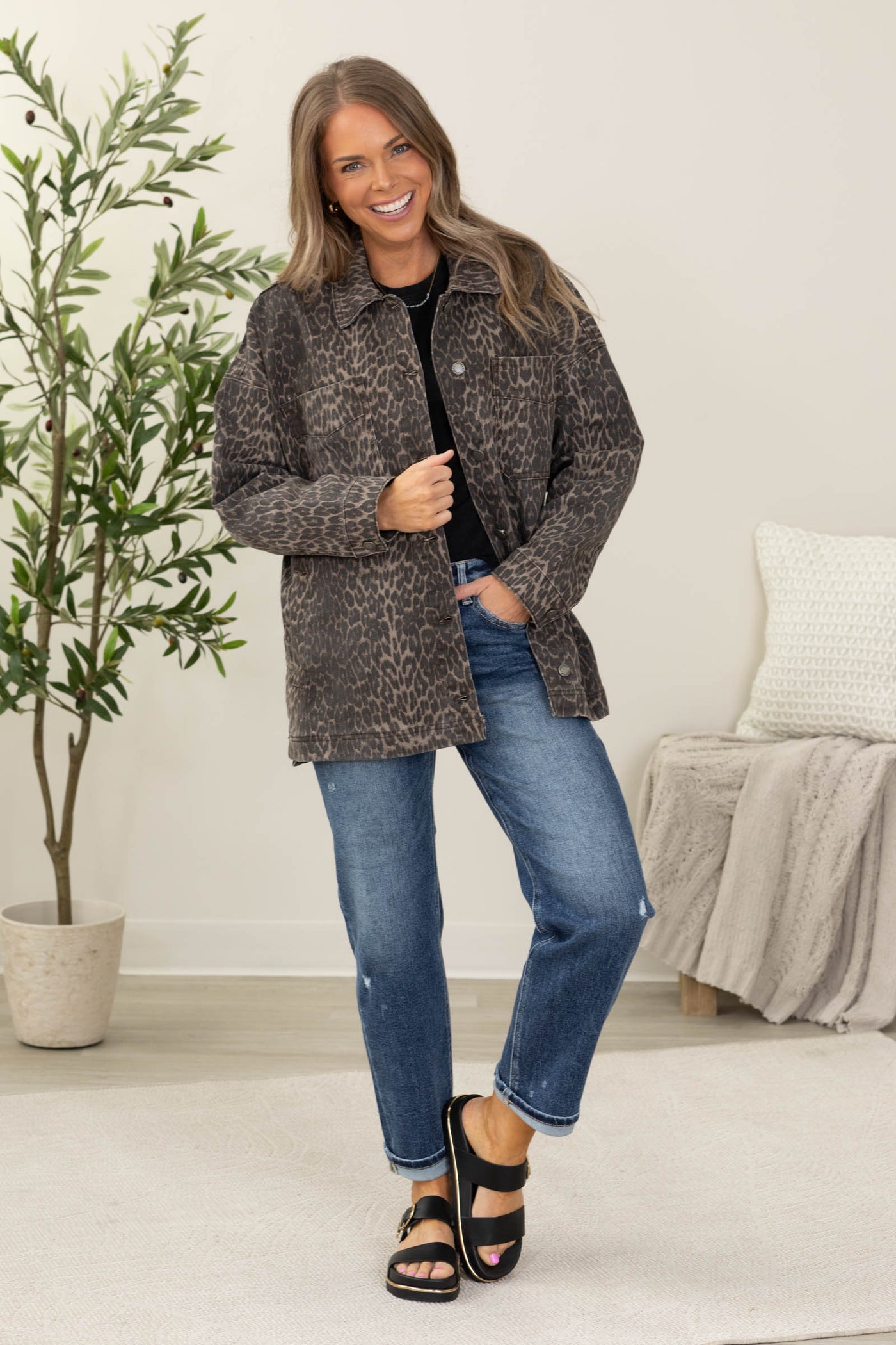 Leopard Oversized Boyfriend Denim Jacket