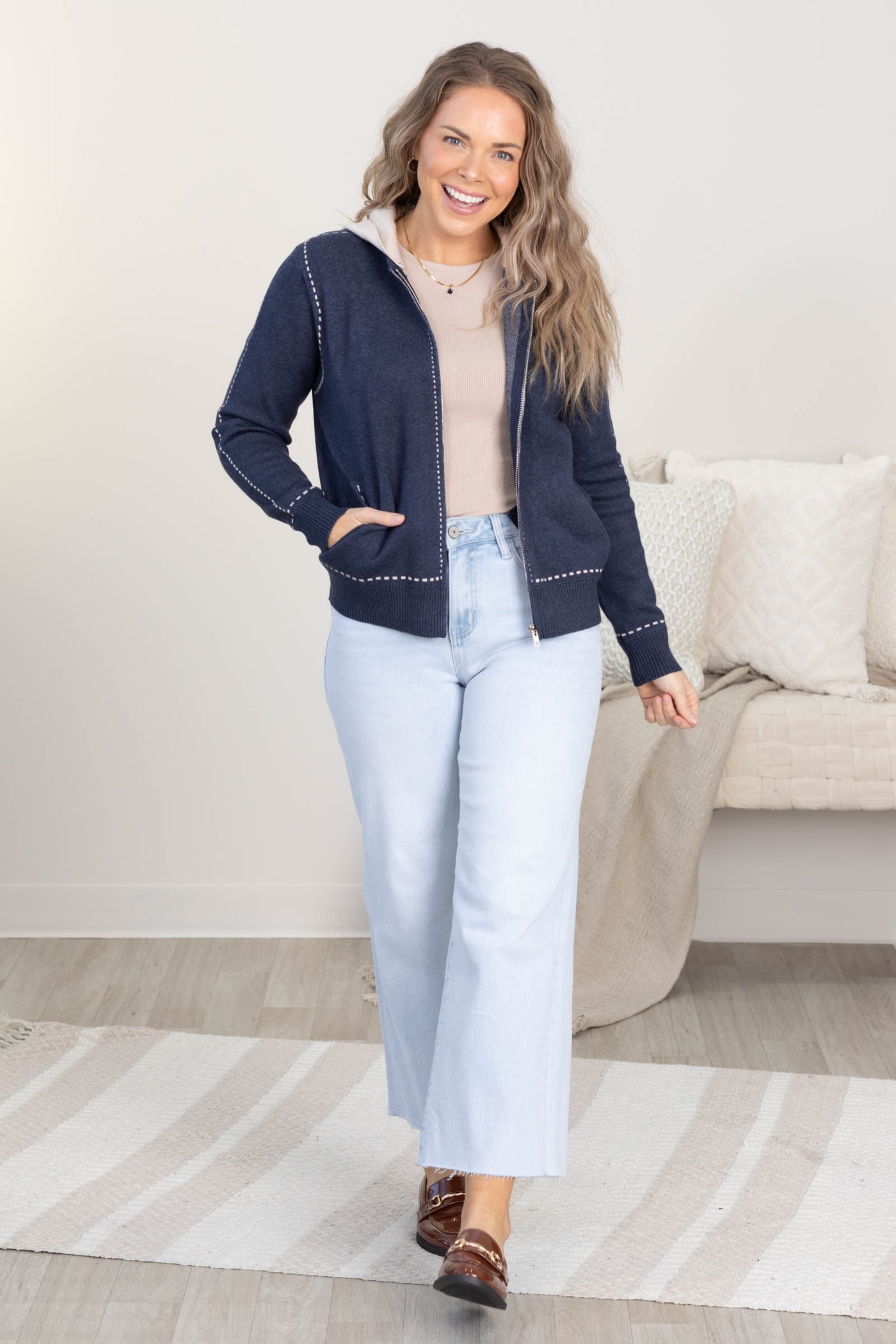 Navy Stitched Zip Up Sweater Jacket