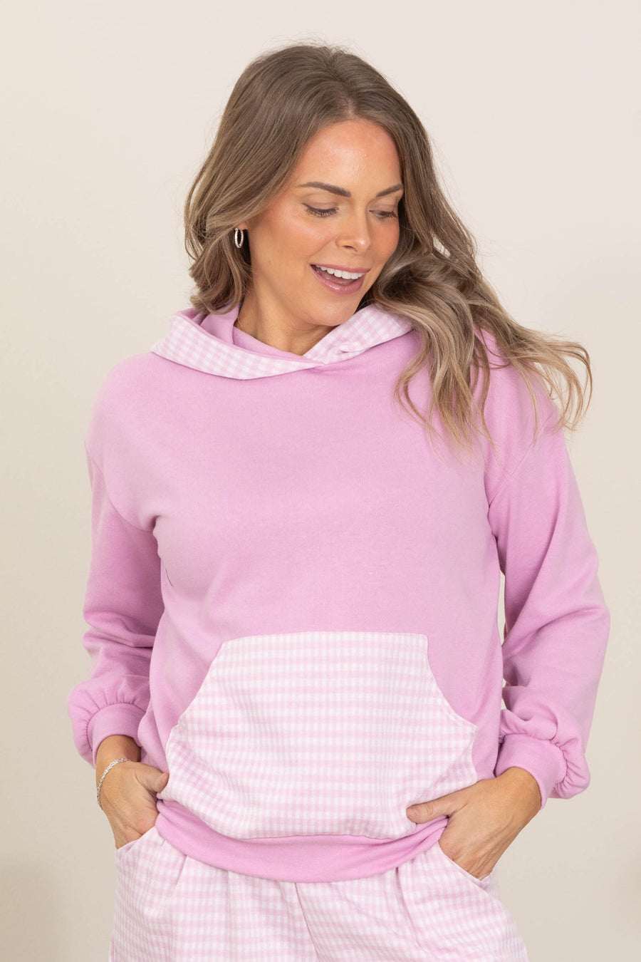 Everyday Comfy Gingham Hoodie Knit Tops