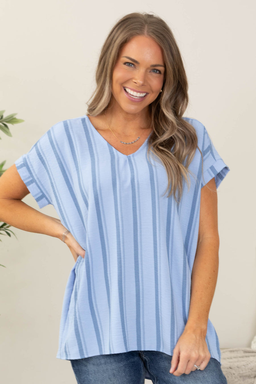 Dusty Blue Stripe V-Neck Woven Top
