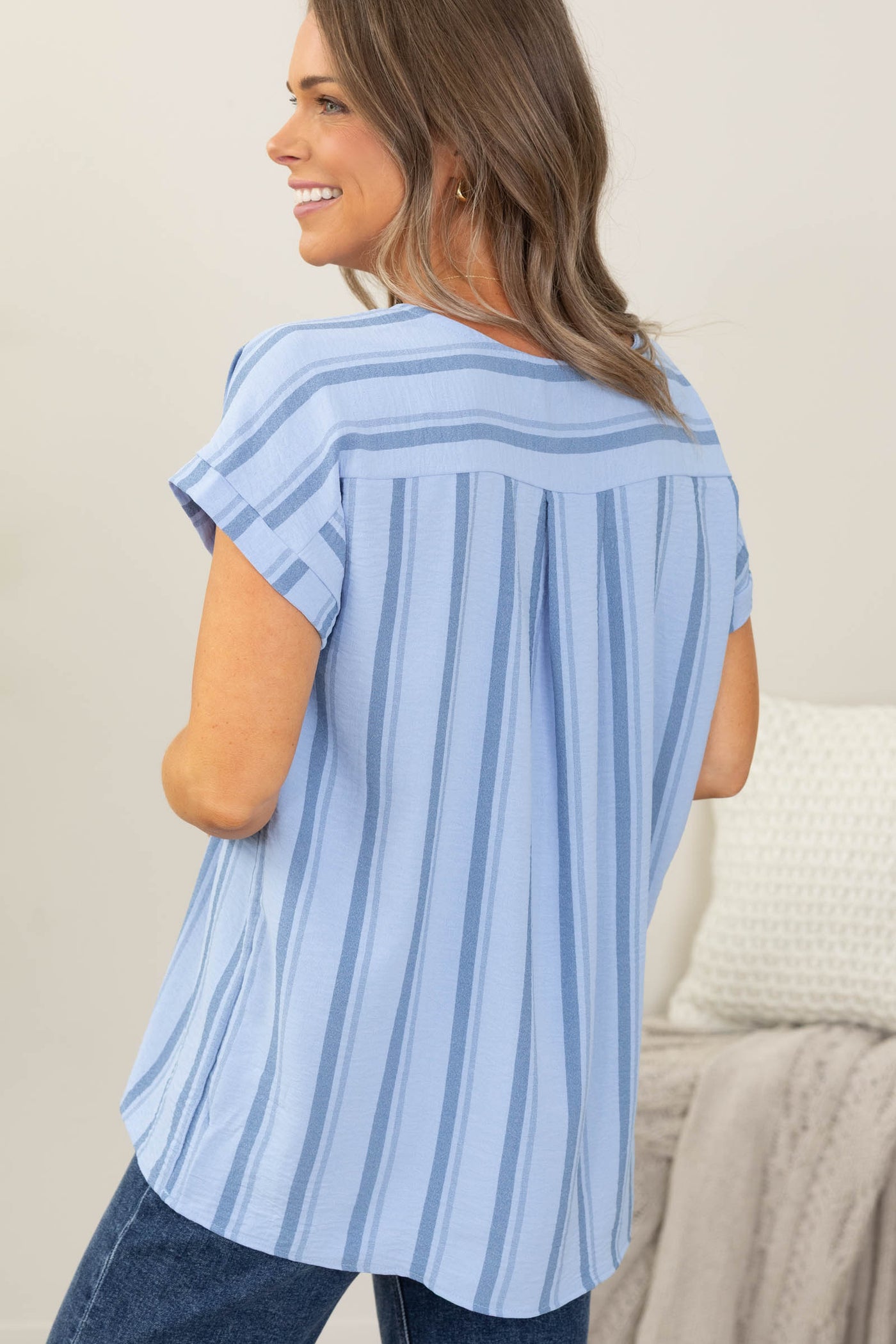 Dusty Blue Stripe V-Neck Woven Top