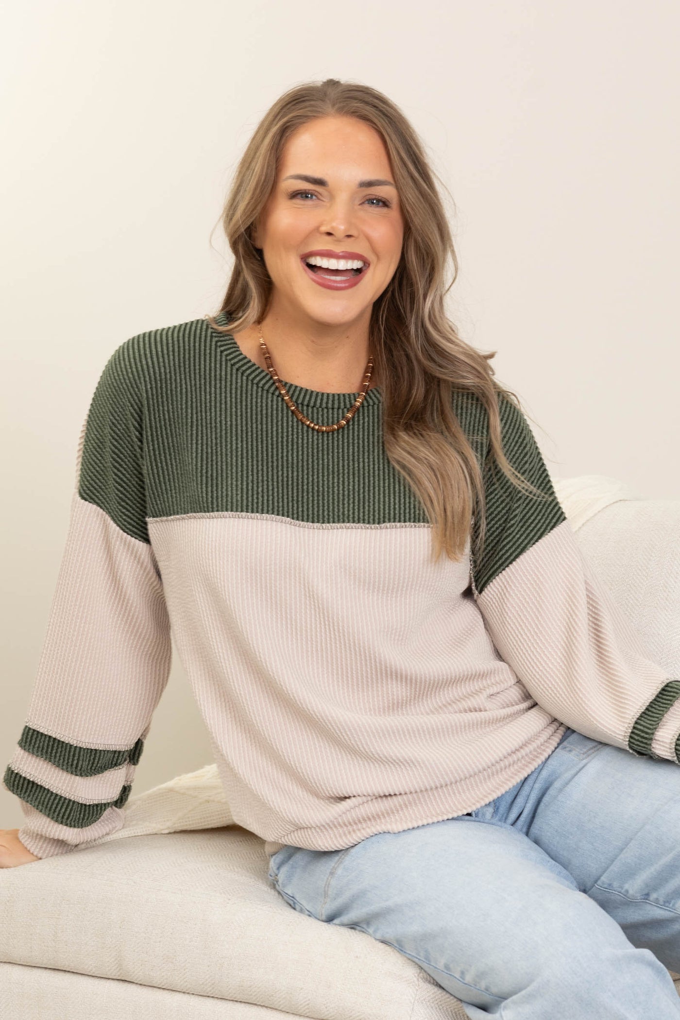 Contrast Ribbed Knit Long Sleeve Tops