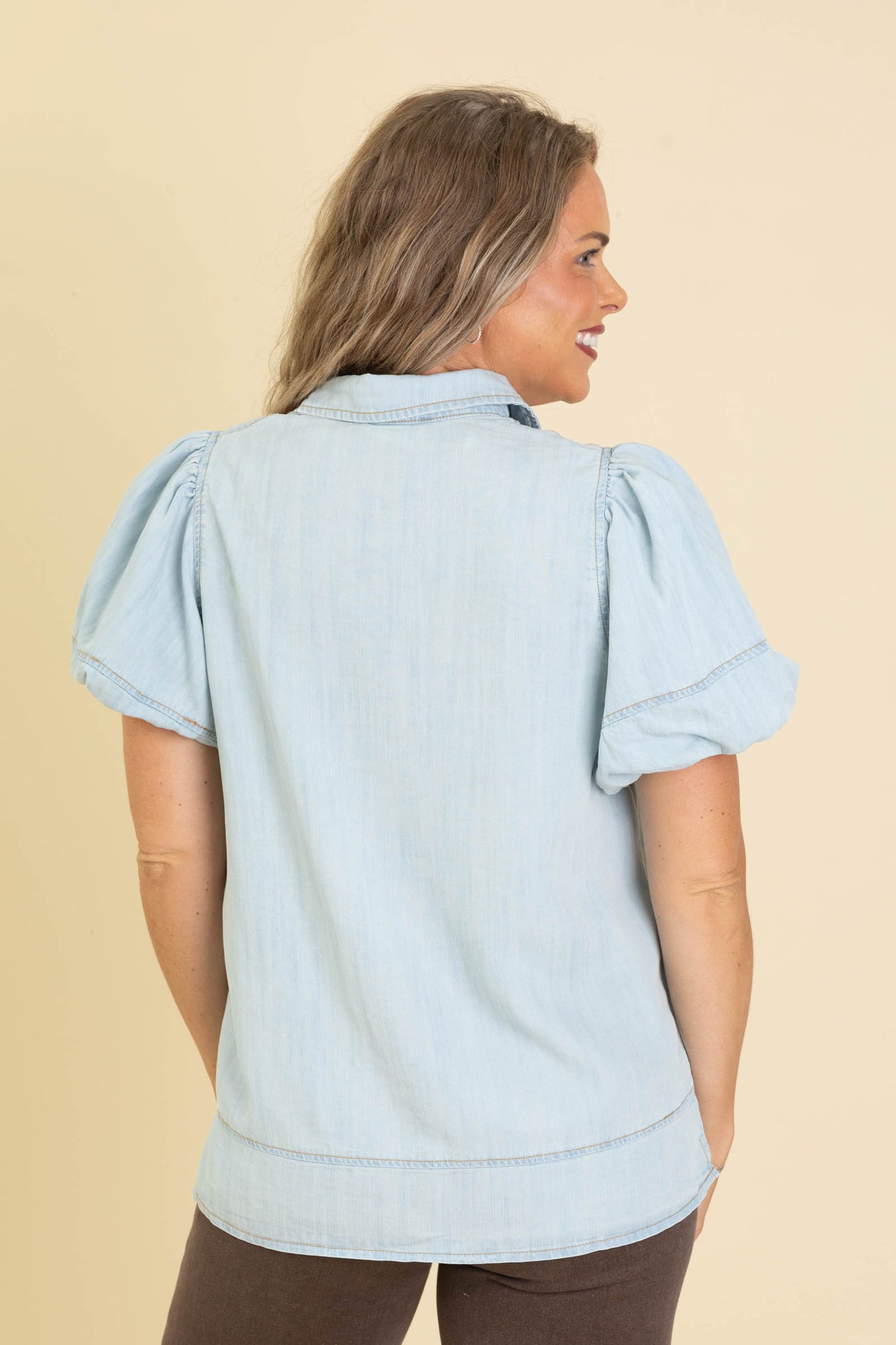 Light Wash Bubble Sleeve Button Up Top