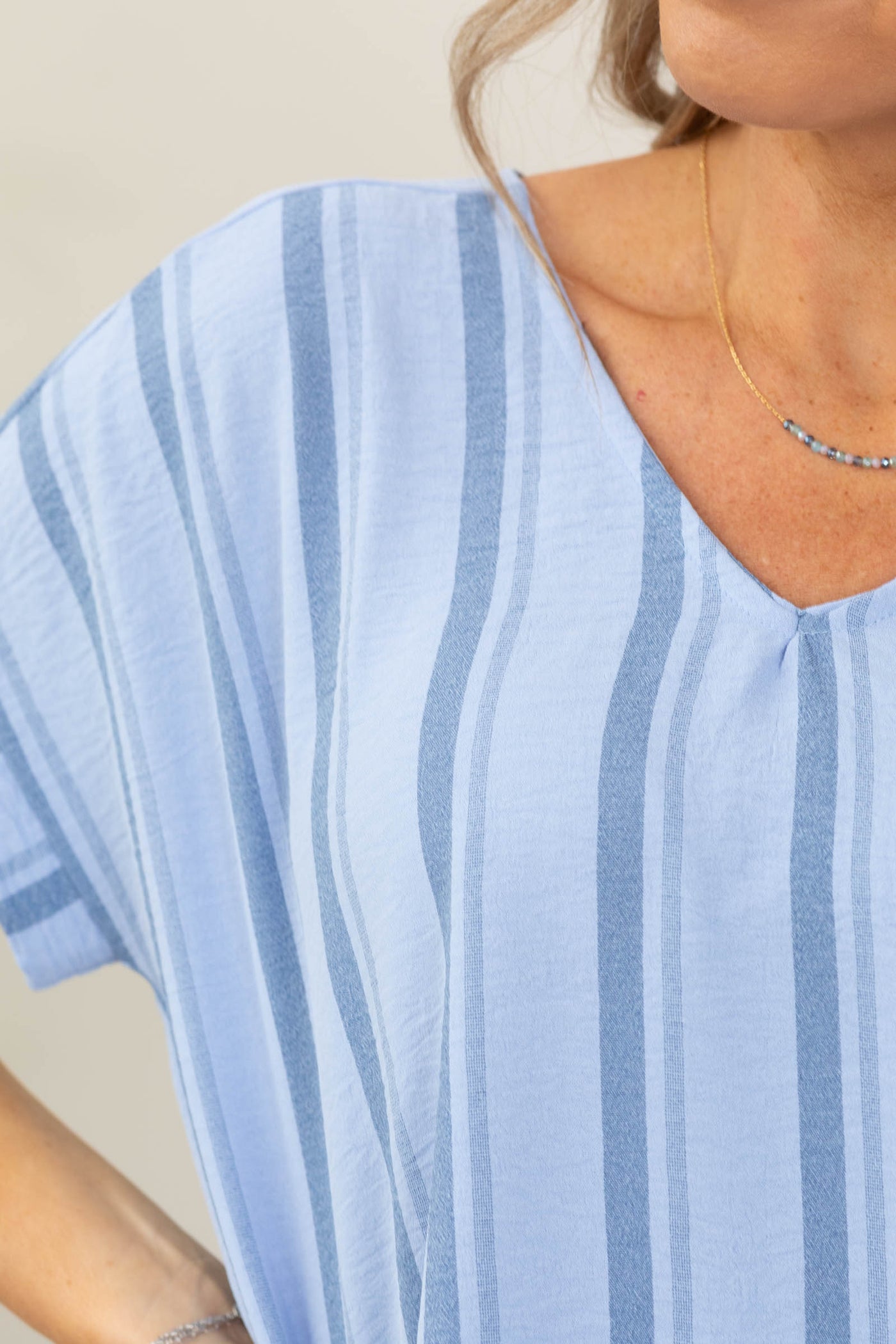 Dusty Blue Stripe V-Neck Woven Top