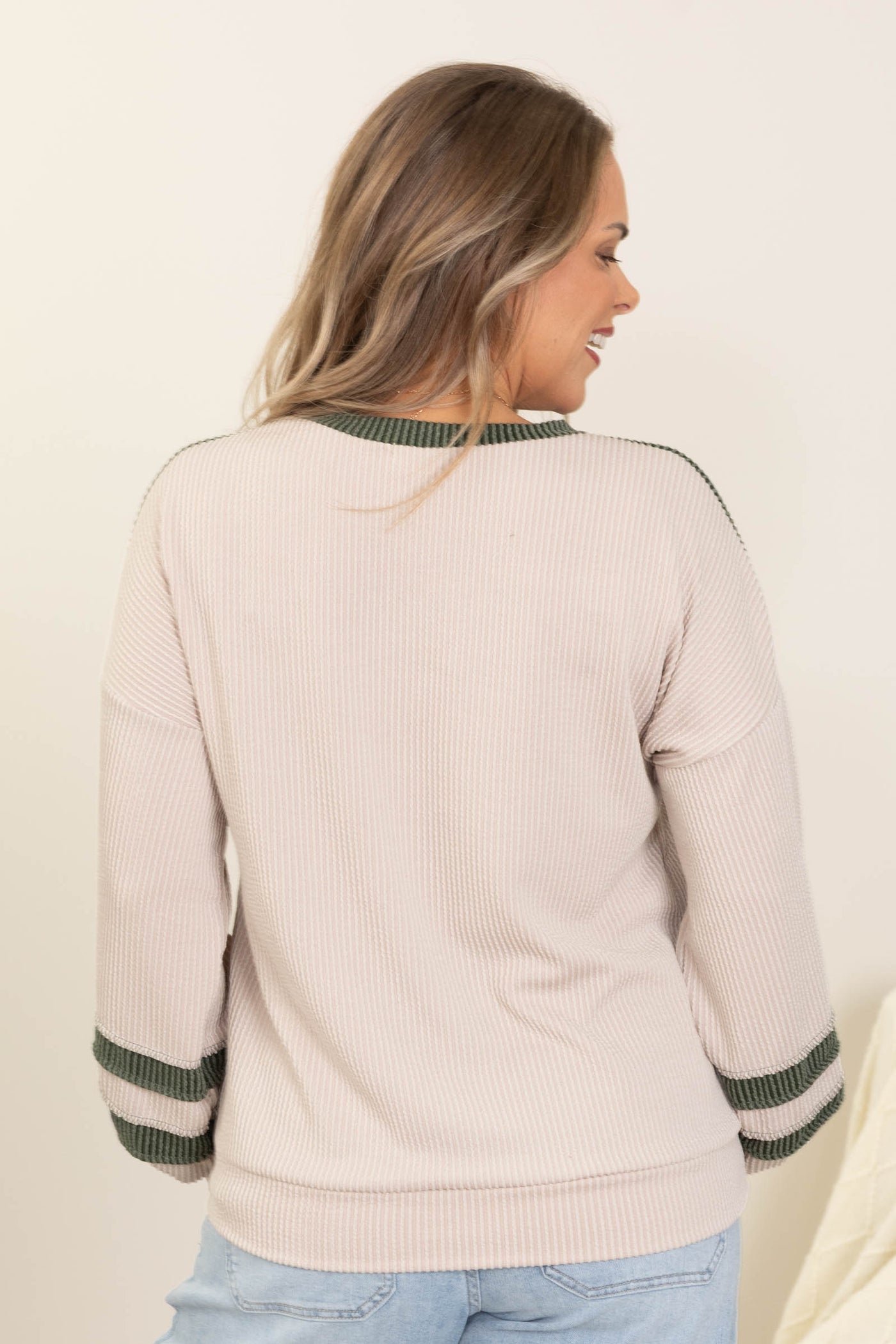 Contrast Ribbed Knit Long Sleeve Tops