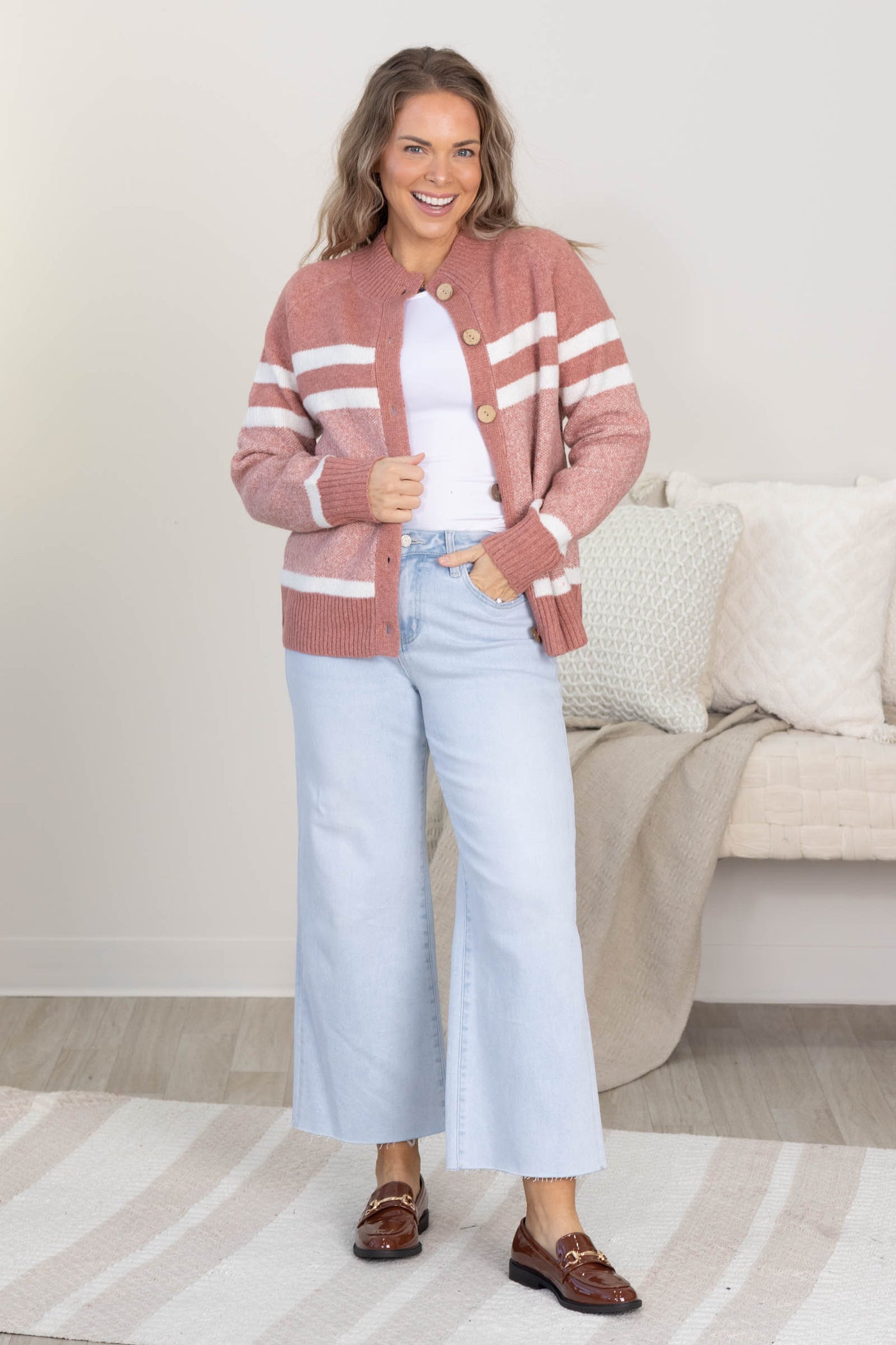 Dusty Rose Stripe Detail Sweater Jacket