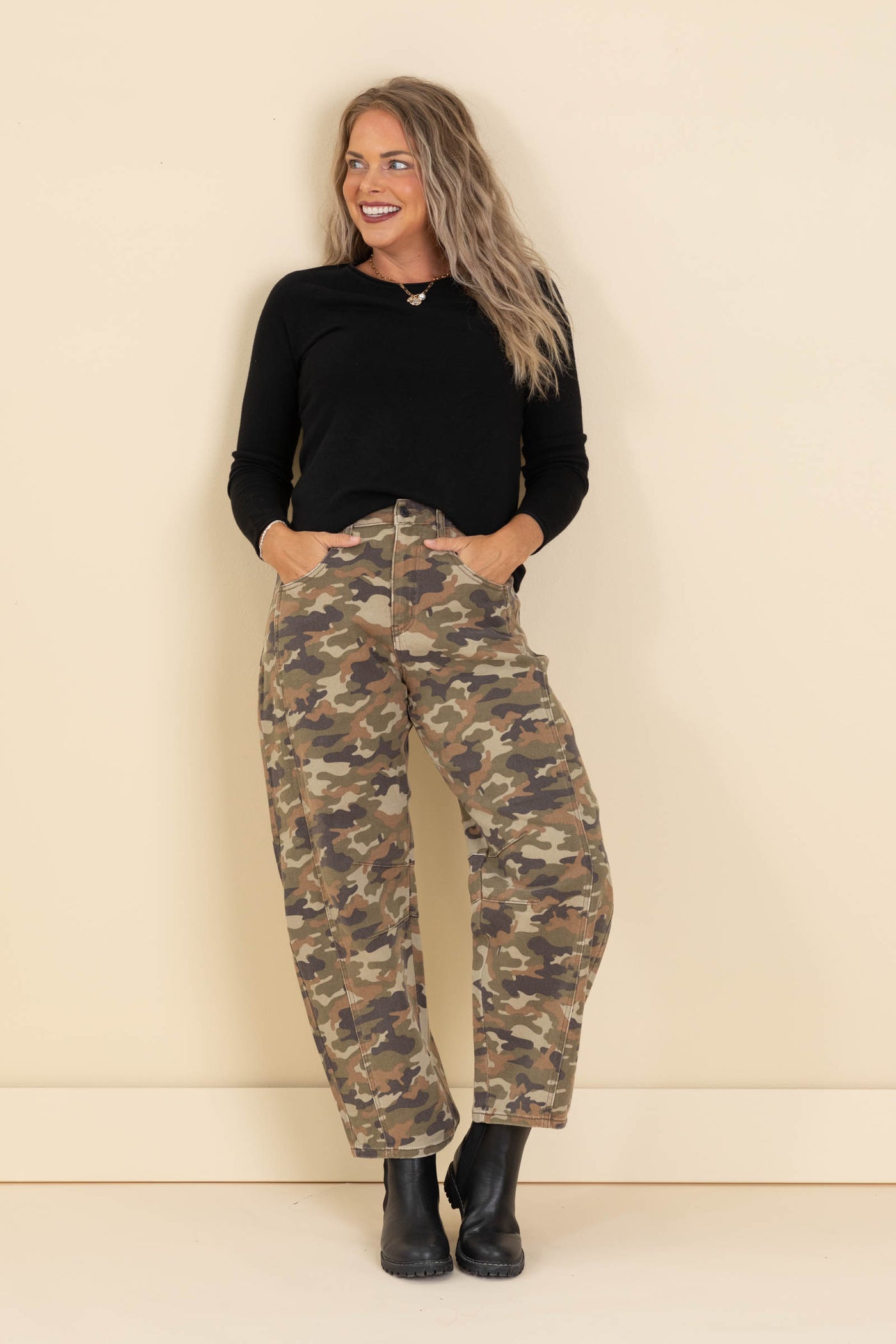 Cello Camo Mid Rise Barrel Jeans
