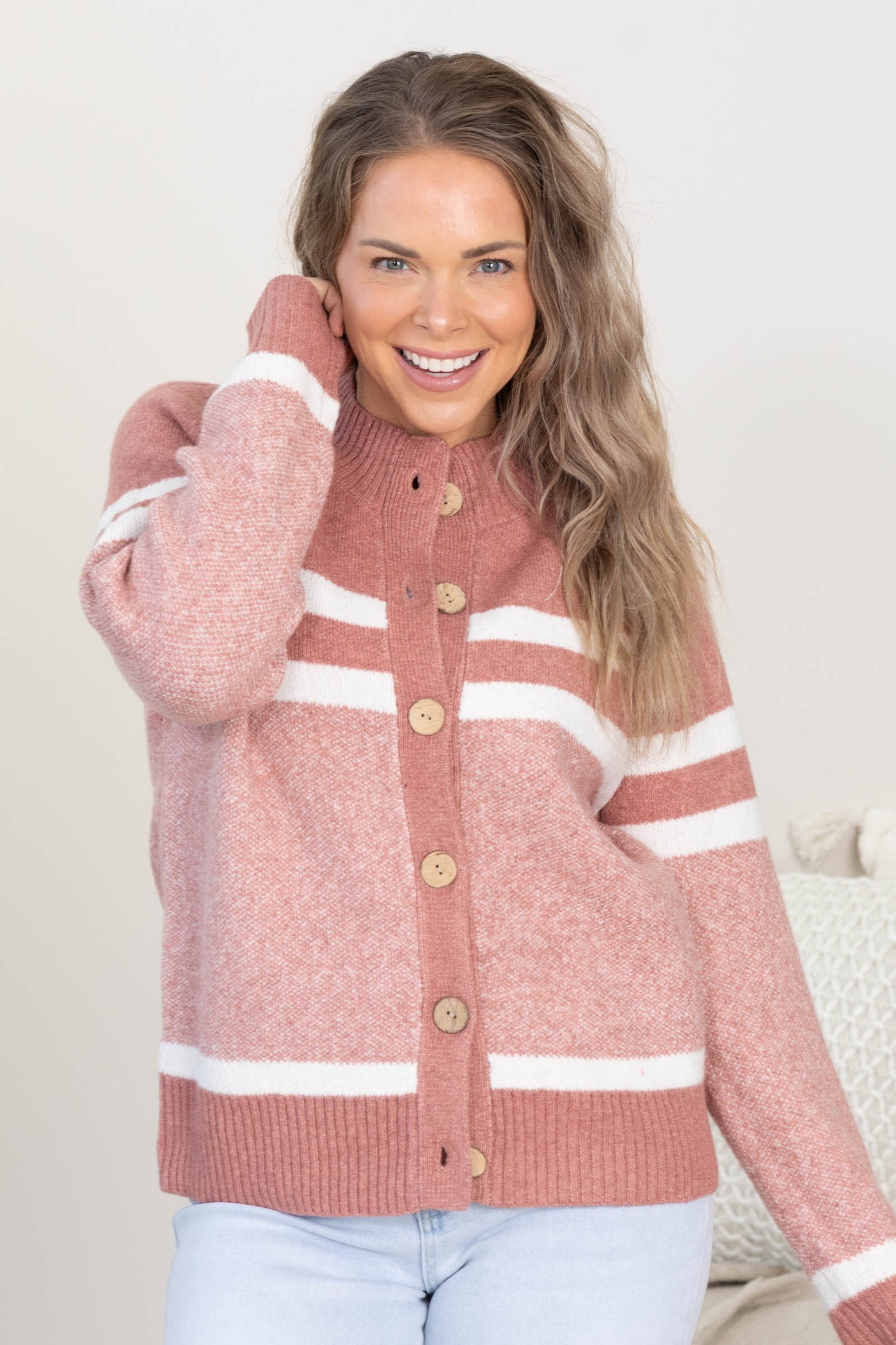Dusty Rose Stripe Detail Sweater Jacket