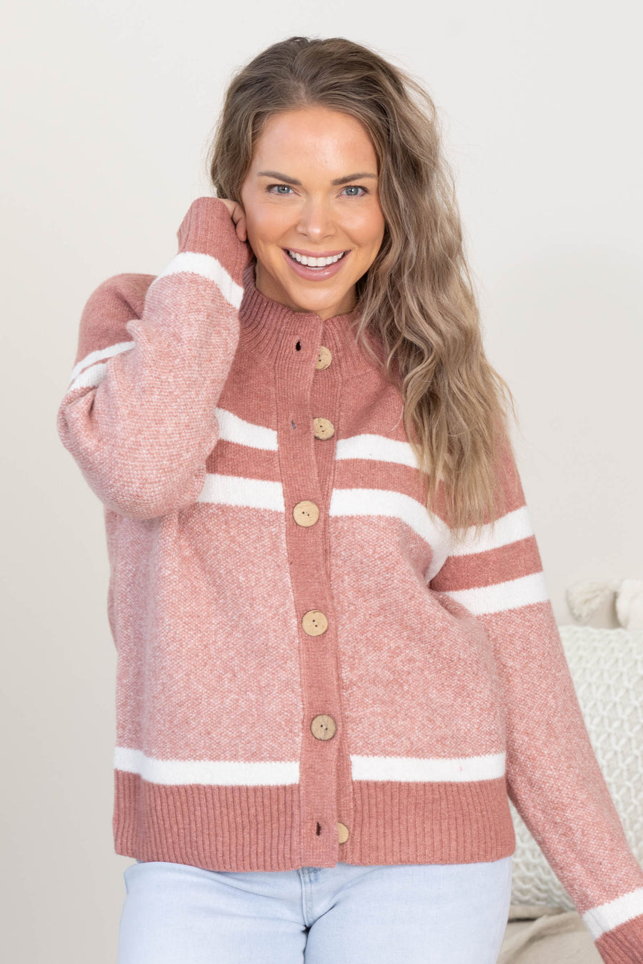 Dusty Rose Stripe Detail Sweater Jacket