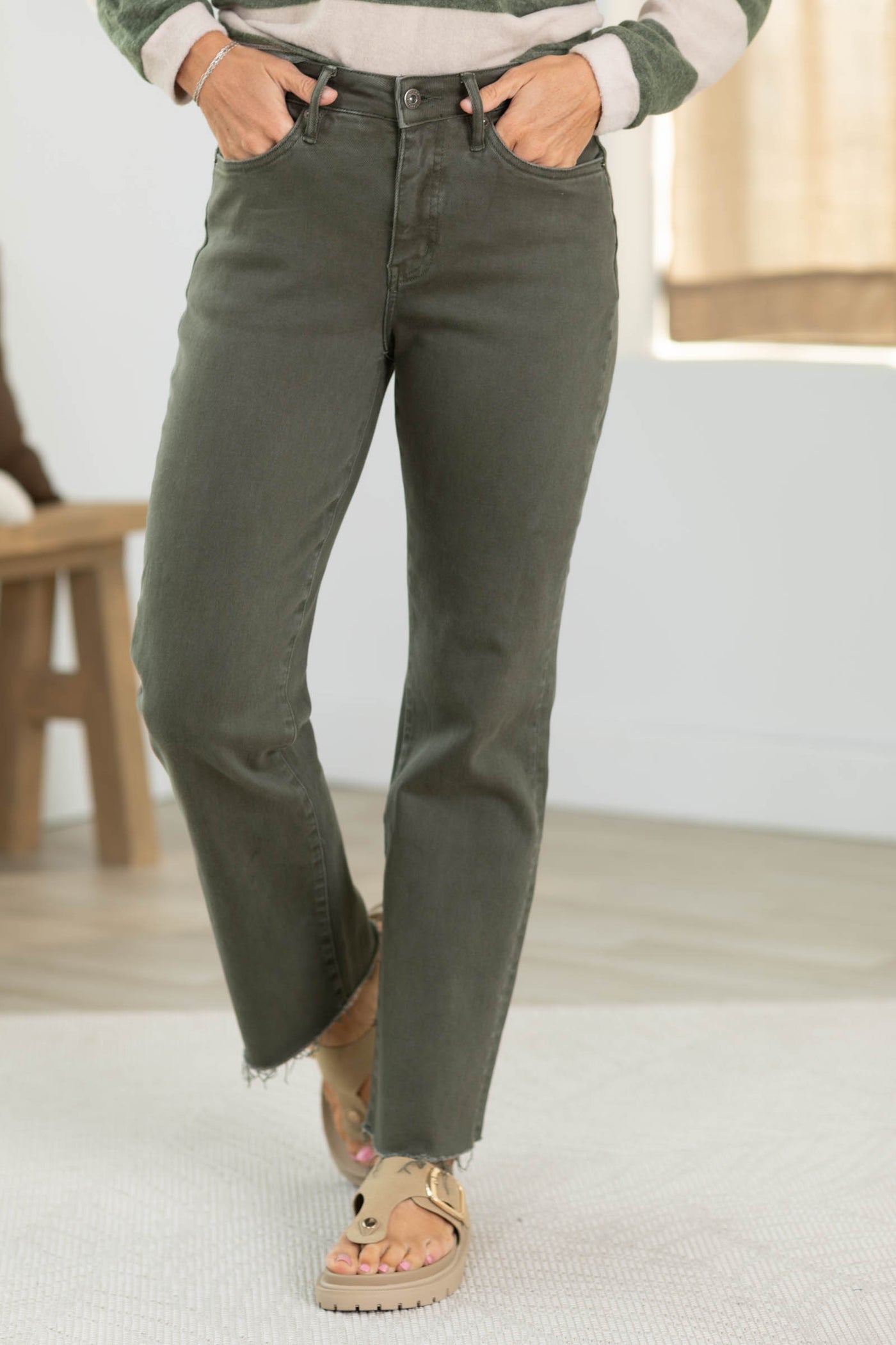 Mica Olive Mid Rise Straight Ankle Jean