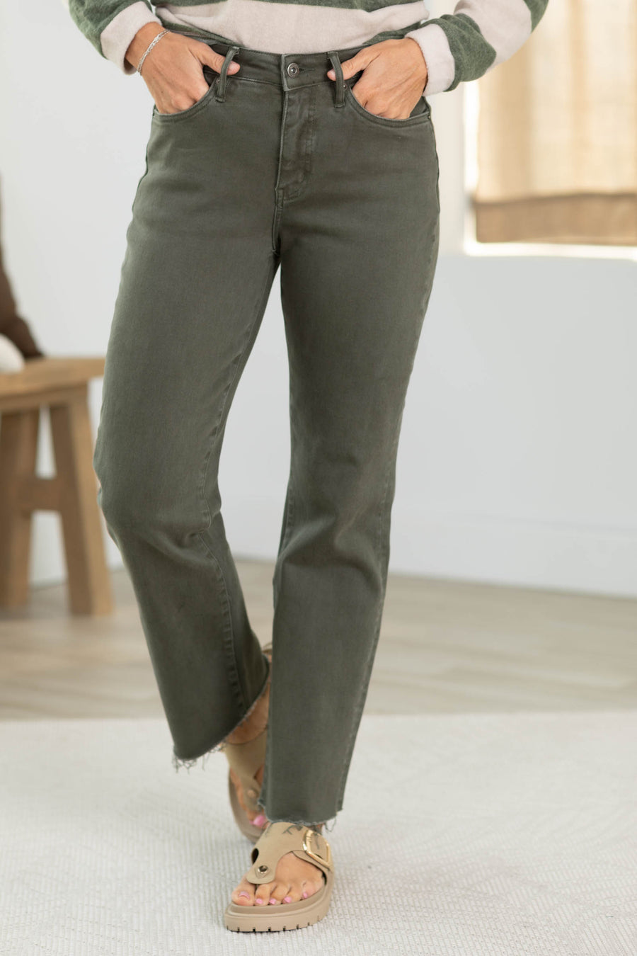 Mica Olive Mid Rise Straight Ankle Jean