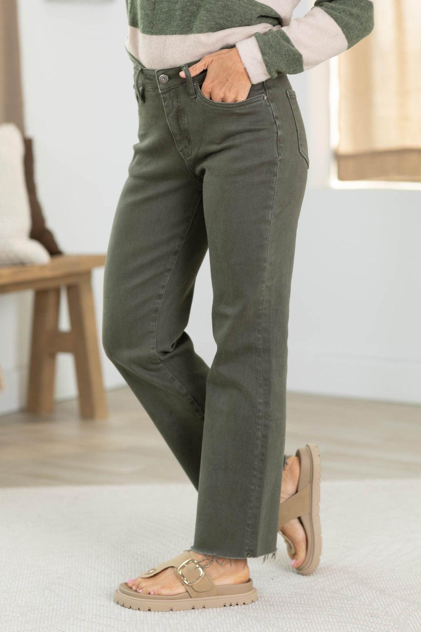 Mica Olive Mid Rise Straight Ankle Jean
