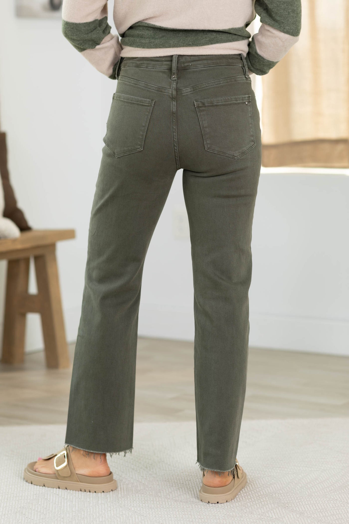 Mica Olive Mid Rise Straight Ankle Jean