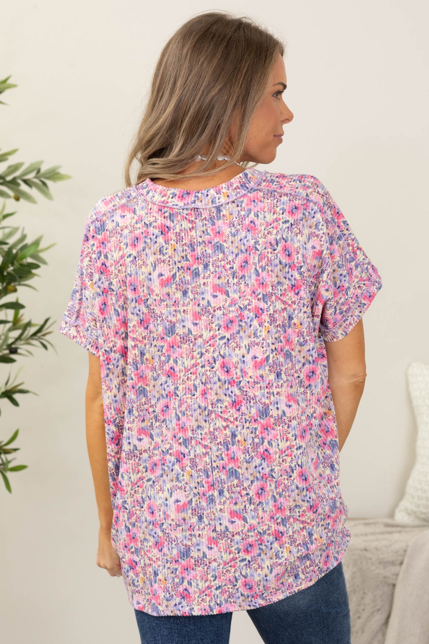 Pink Floral V-Neck Exposed Seam Knit Top