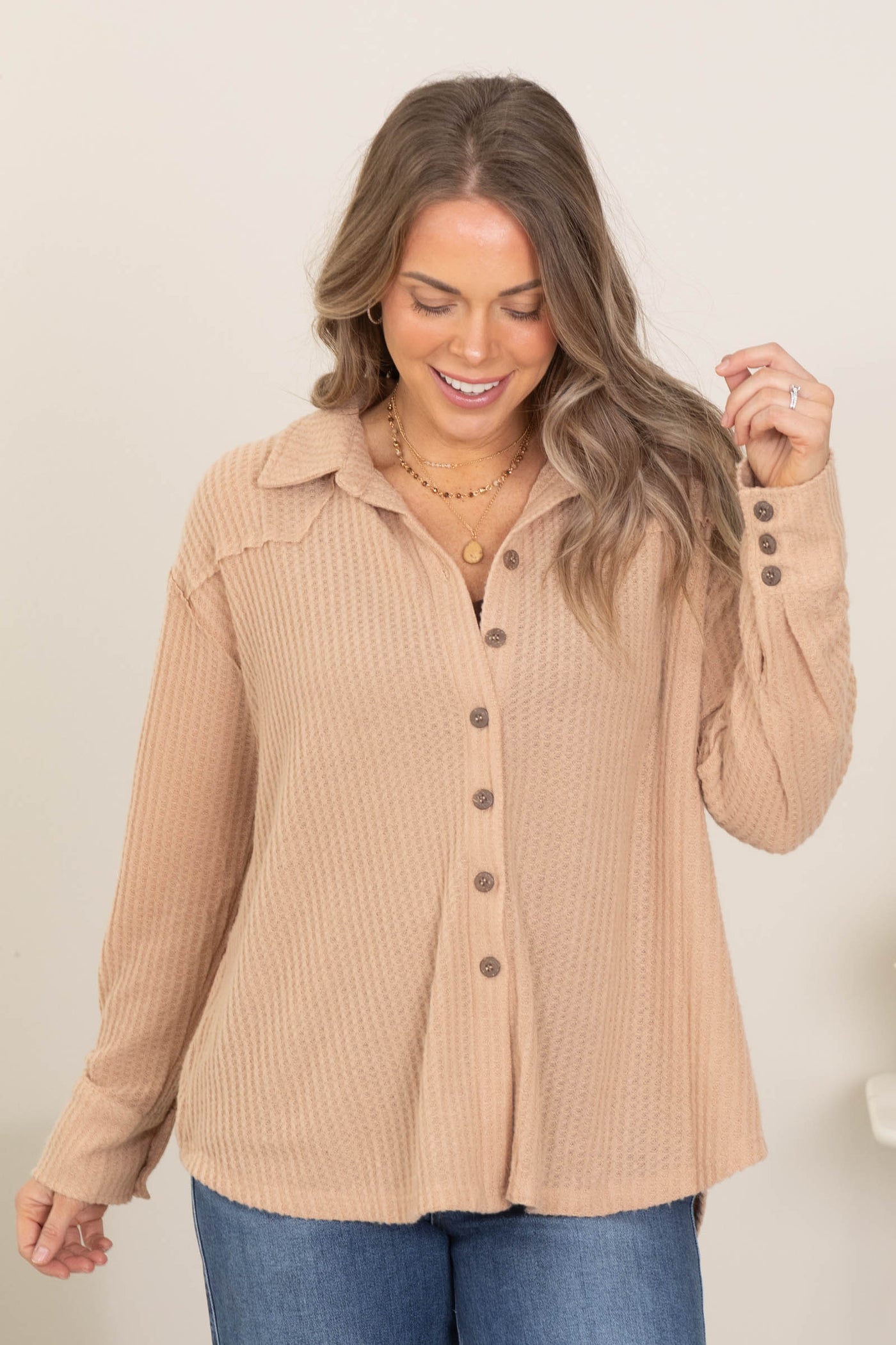 Taupe Brushed Waffle Button Up Top