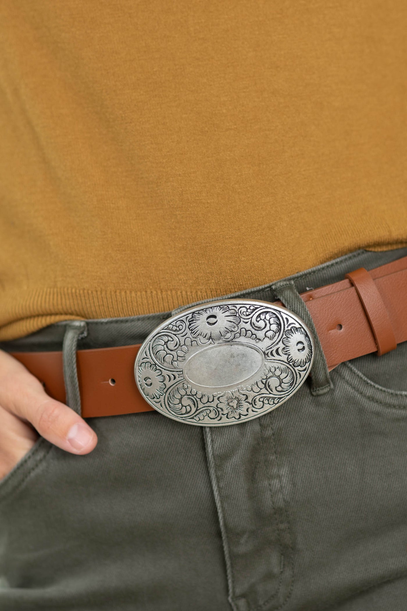 Cognac Vintage Western Engraved Oval Buckle Belt