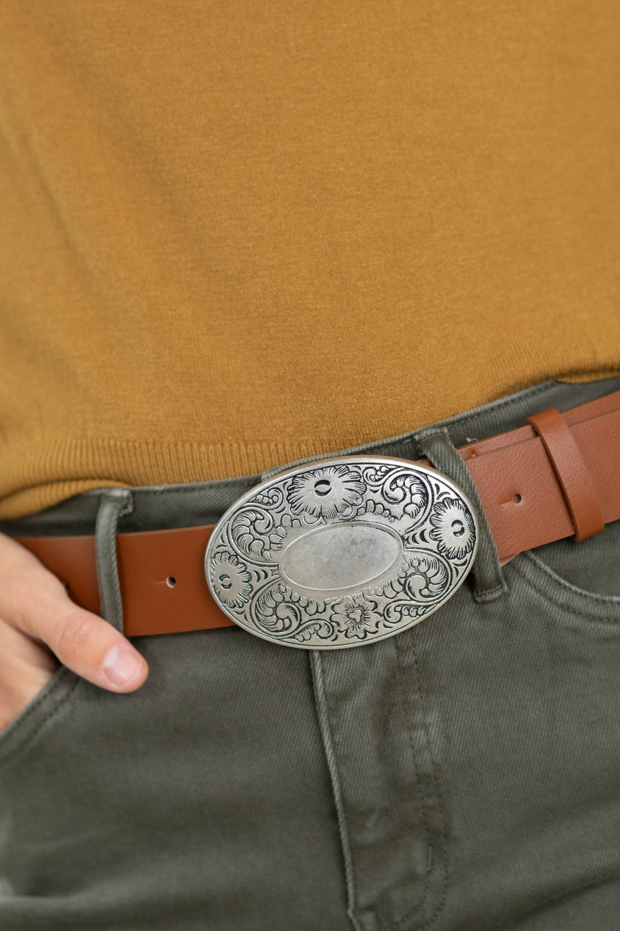 Cognac Vintage Western Engraved Oval Buckle Belt