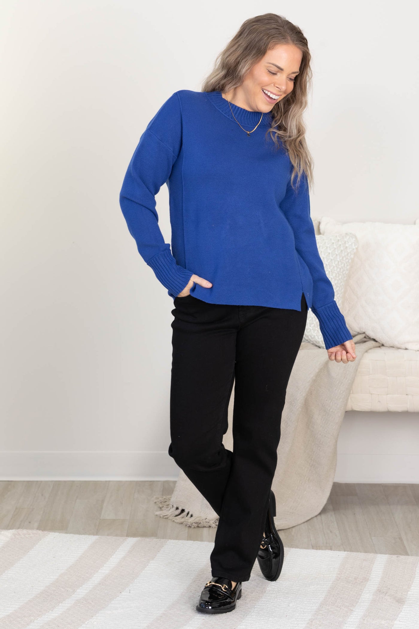 Cobalt Blue Mock Neck Ribbed Hem Knit Sweater
