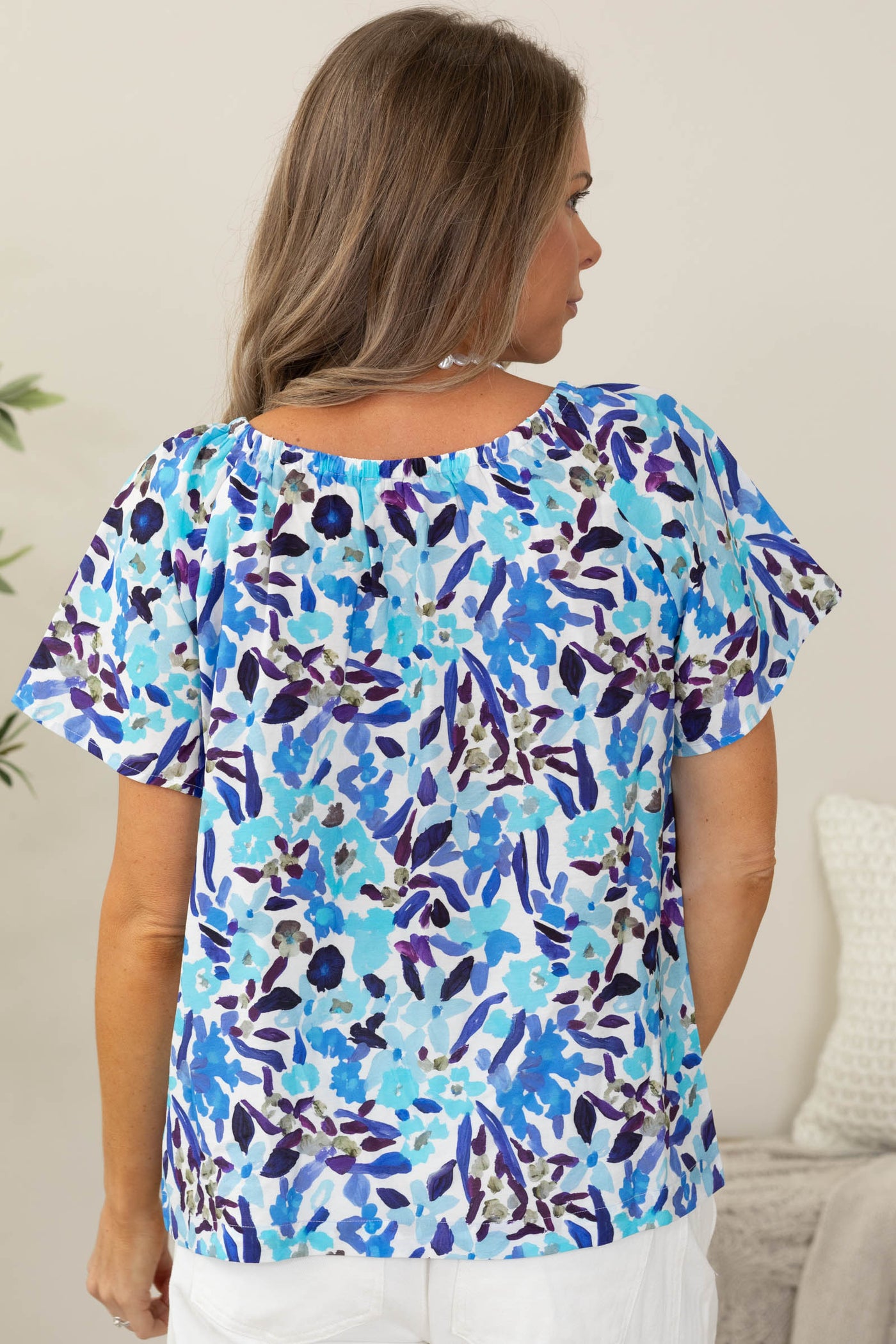 Staccato Floral Elastic Neckline Button Down Blouse