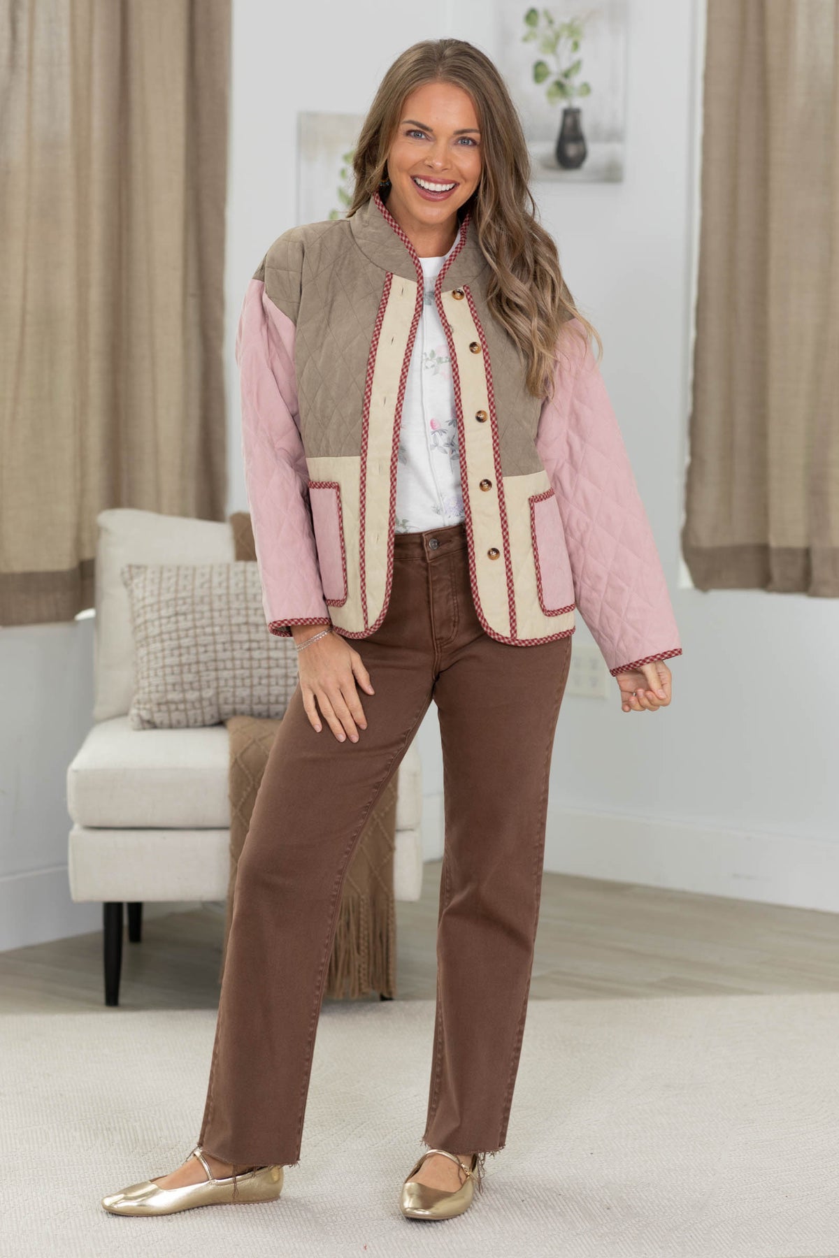 Staccato Quilted Colorblock Button Down Jacket
