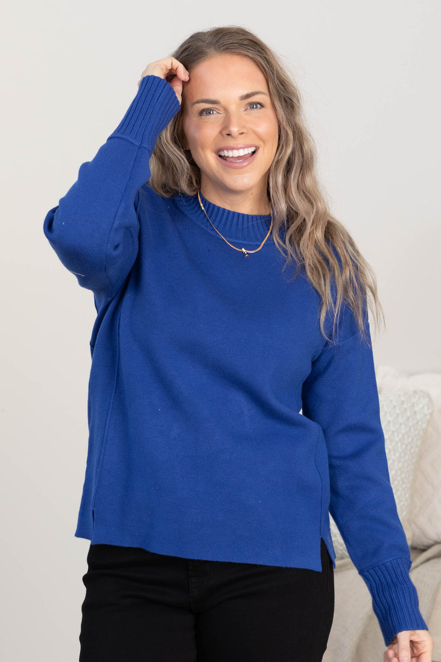Cobalt Blue Mock Neck Ribbed Hem Knit Sweater