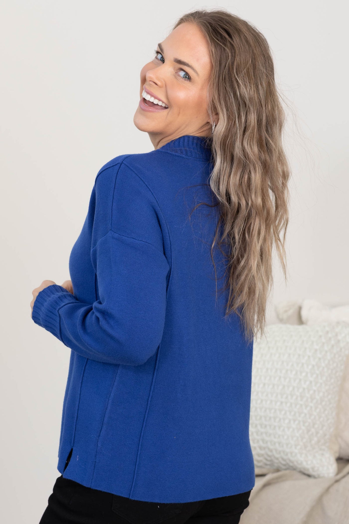 Cobalt Blue Mock Neck Ribbed Hem Knit Sweater