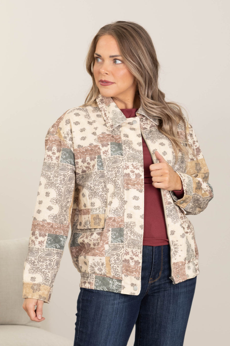 Patchwork Printed Floral Zip Up Bomber Jacket