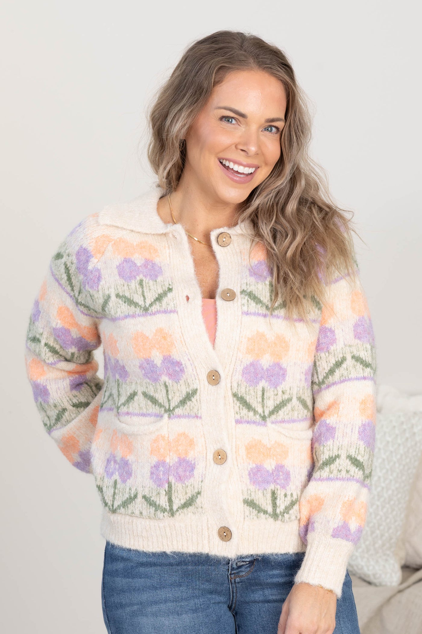 Beige Flower Jacquard Chunky Sweater Jacket