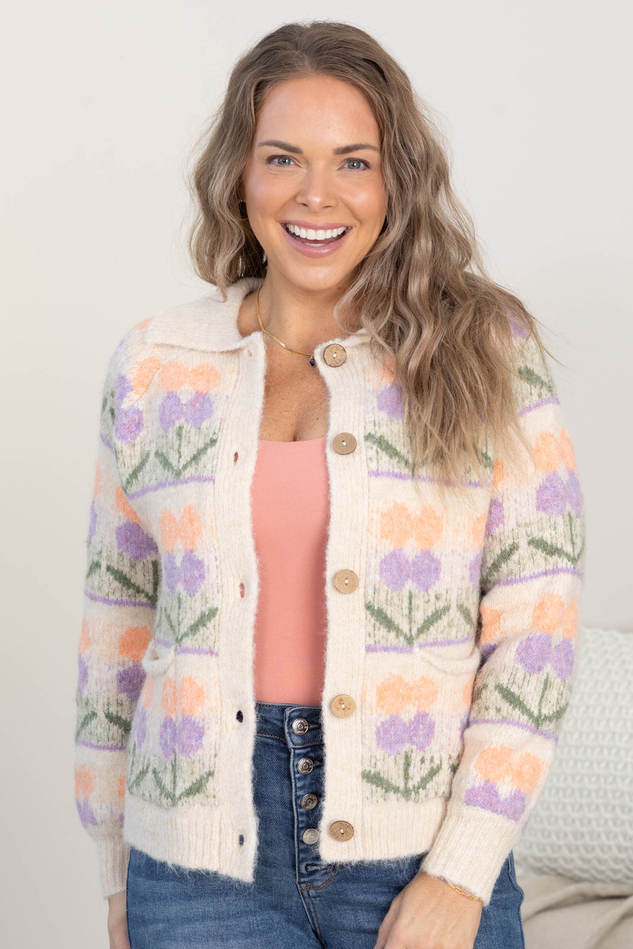 Beige Flower Jacquard Chunky Sweater Jacket