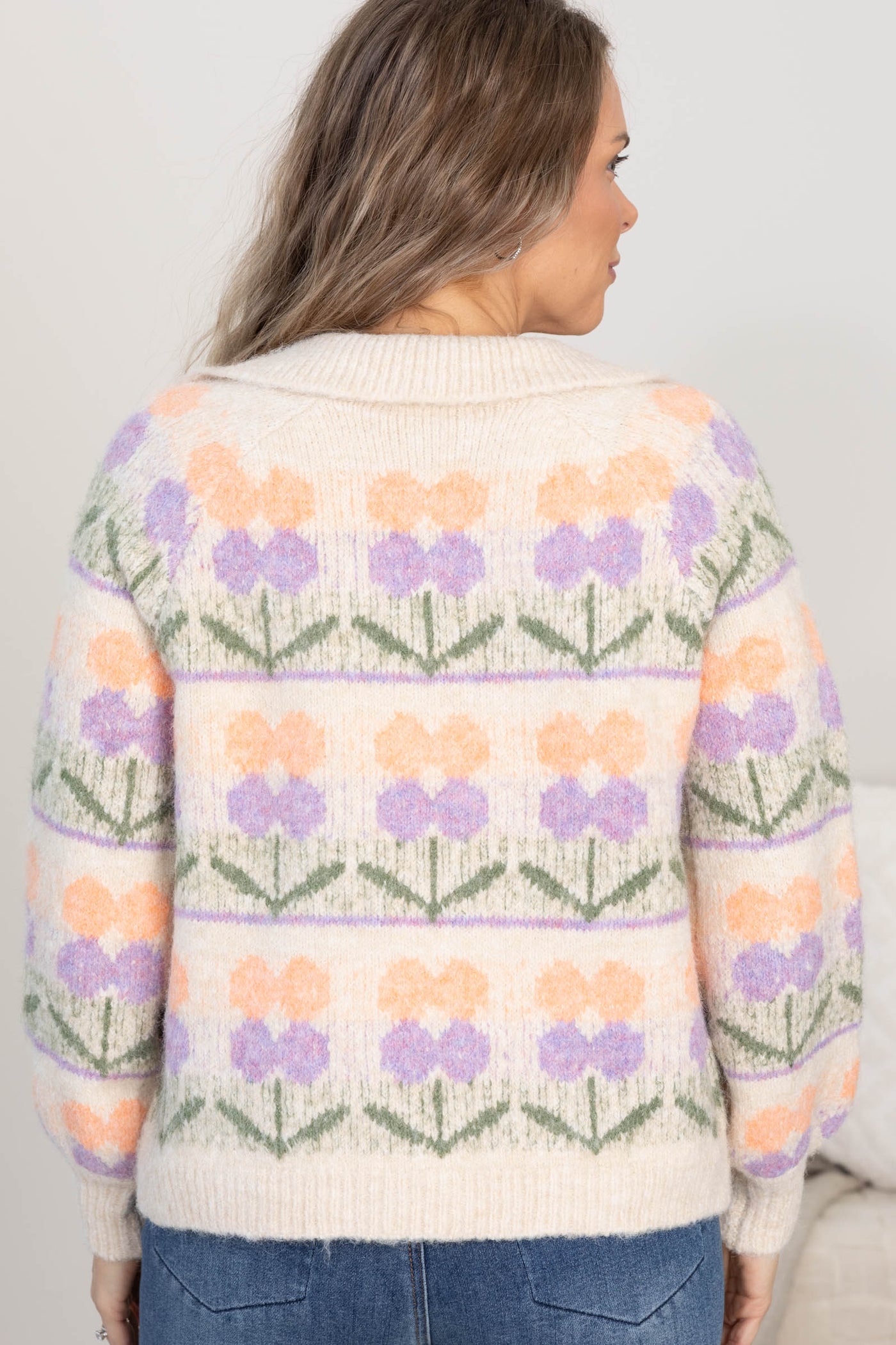 Beige Flower Jacquard Chunky Sweater Jacket