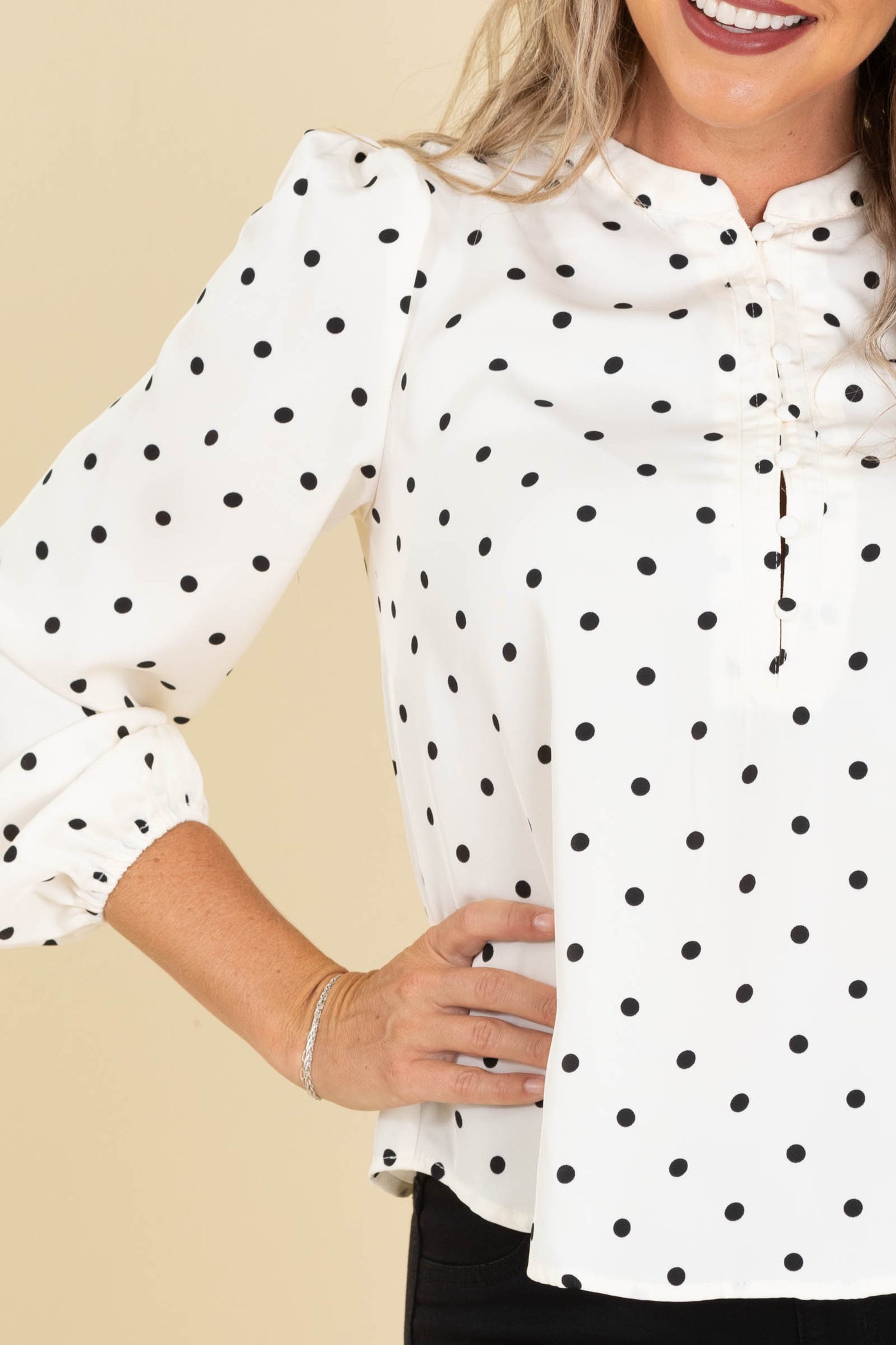 Polka Dot Button Down Woven Long Sleeve Top