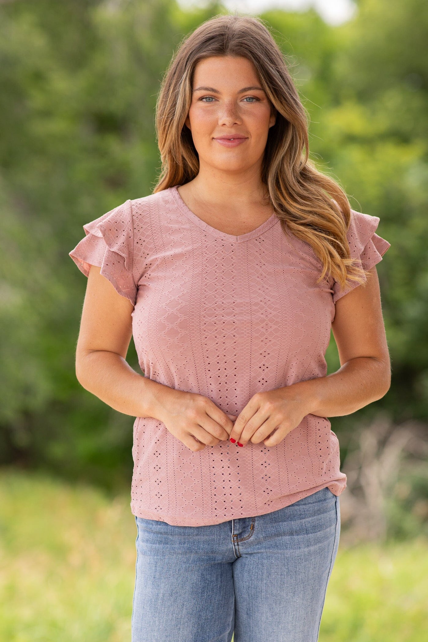 Dusty Rose Eyelet Top With Flutter Sleeve - Filly Flair