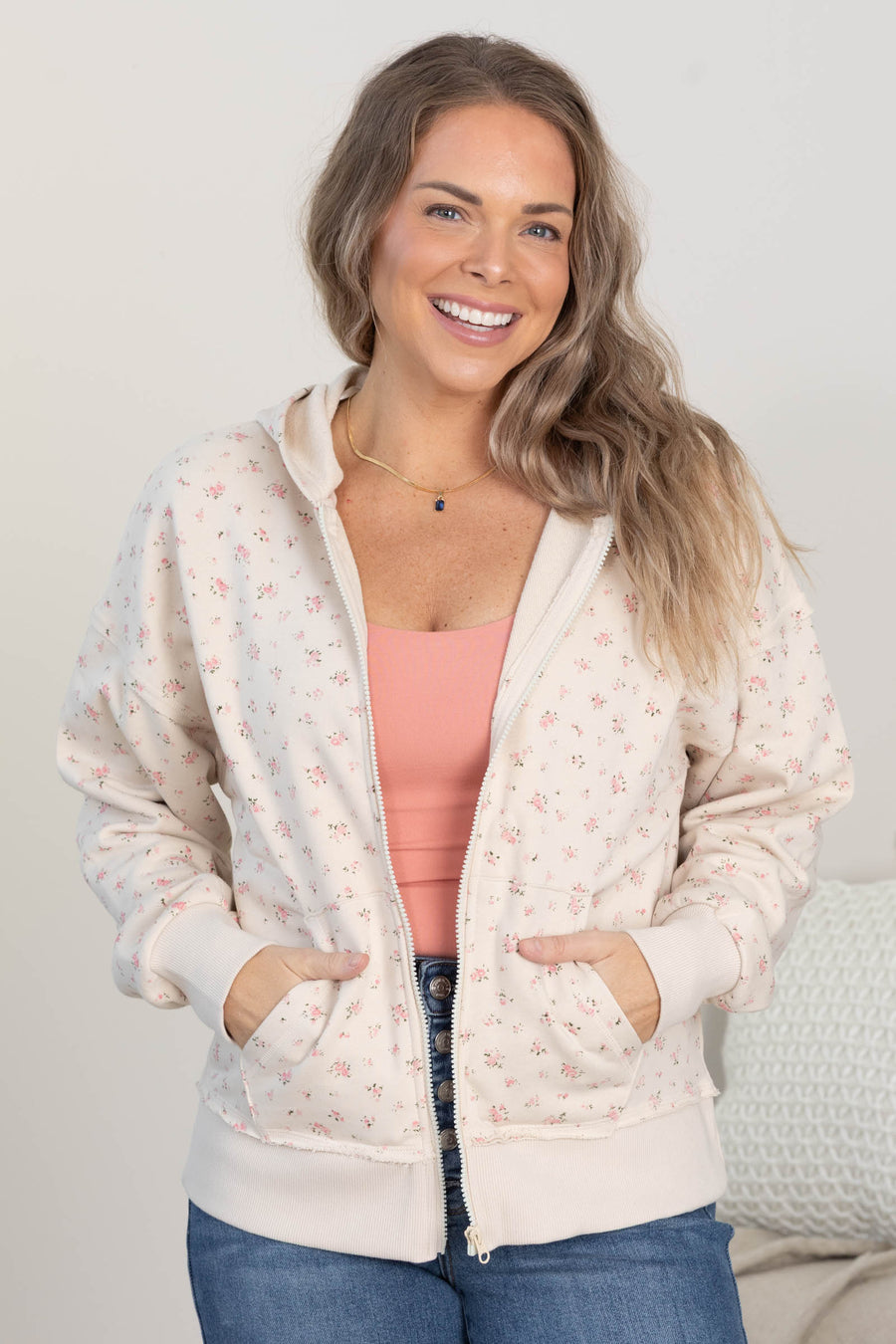 Beige Floral Printed Zip Up Casual Hoodie