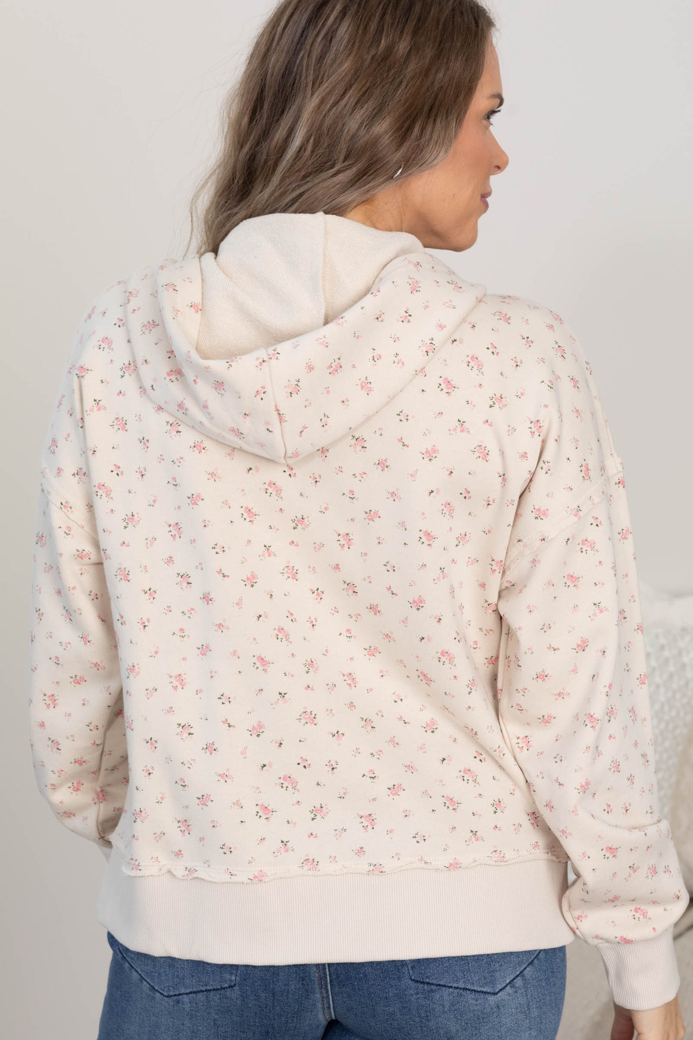 Beige Floral Printed Zip Up Casual Hoodie