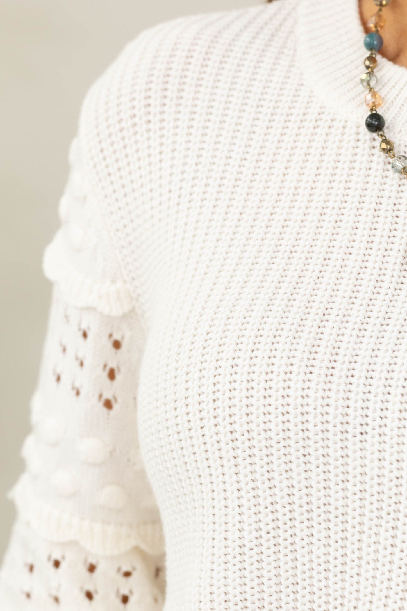 Ivory Textured Round Neck Long Sleeve Sweater