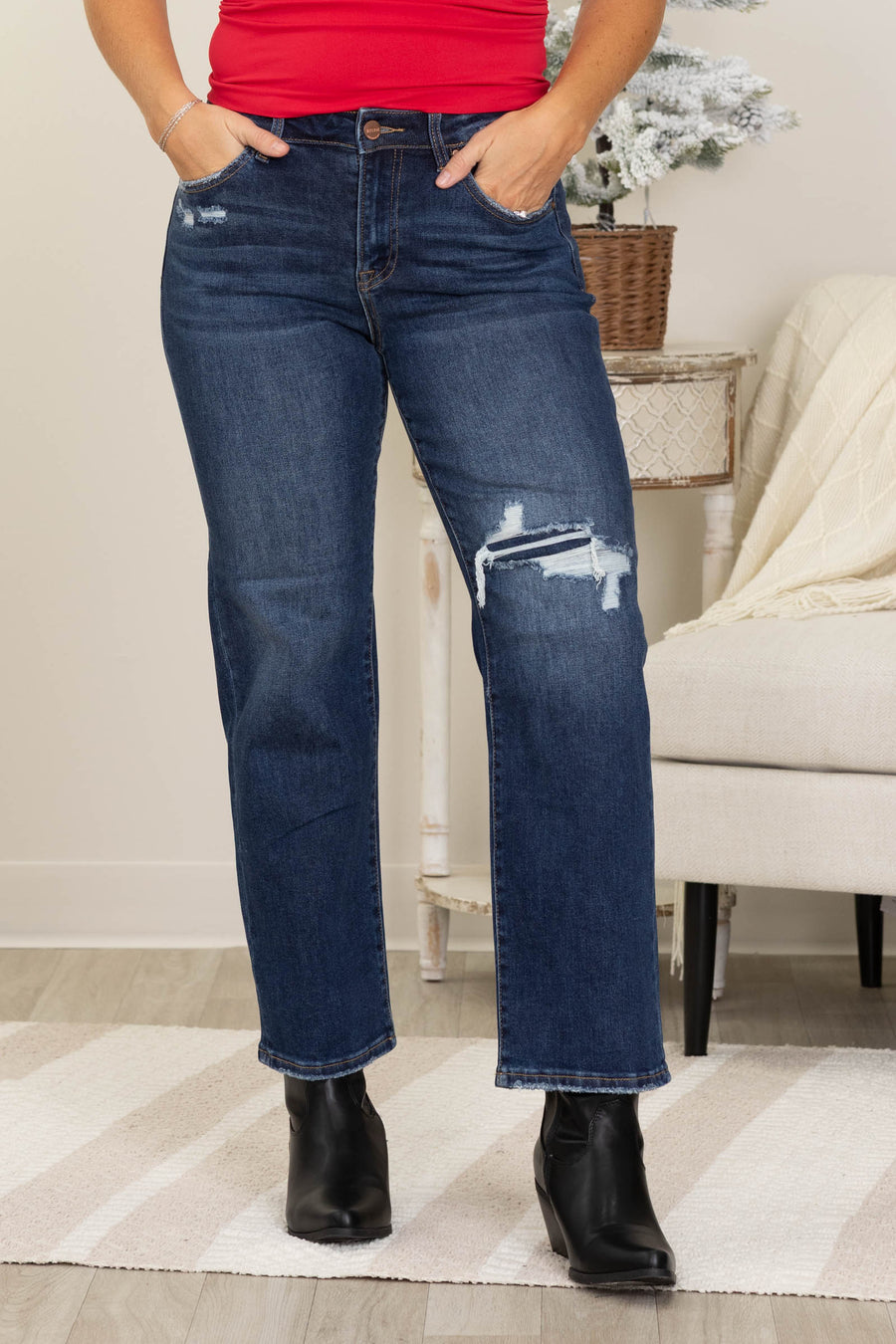 Risen Dark Wash Slim Straight Knee Patch Jean