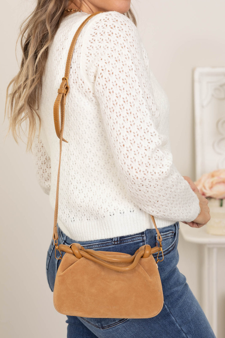 Camel Rouched Faux Suede Tote Handbag