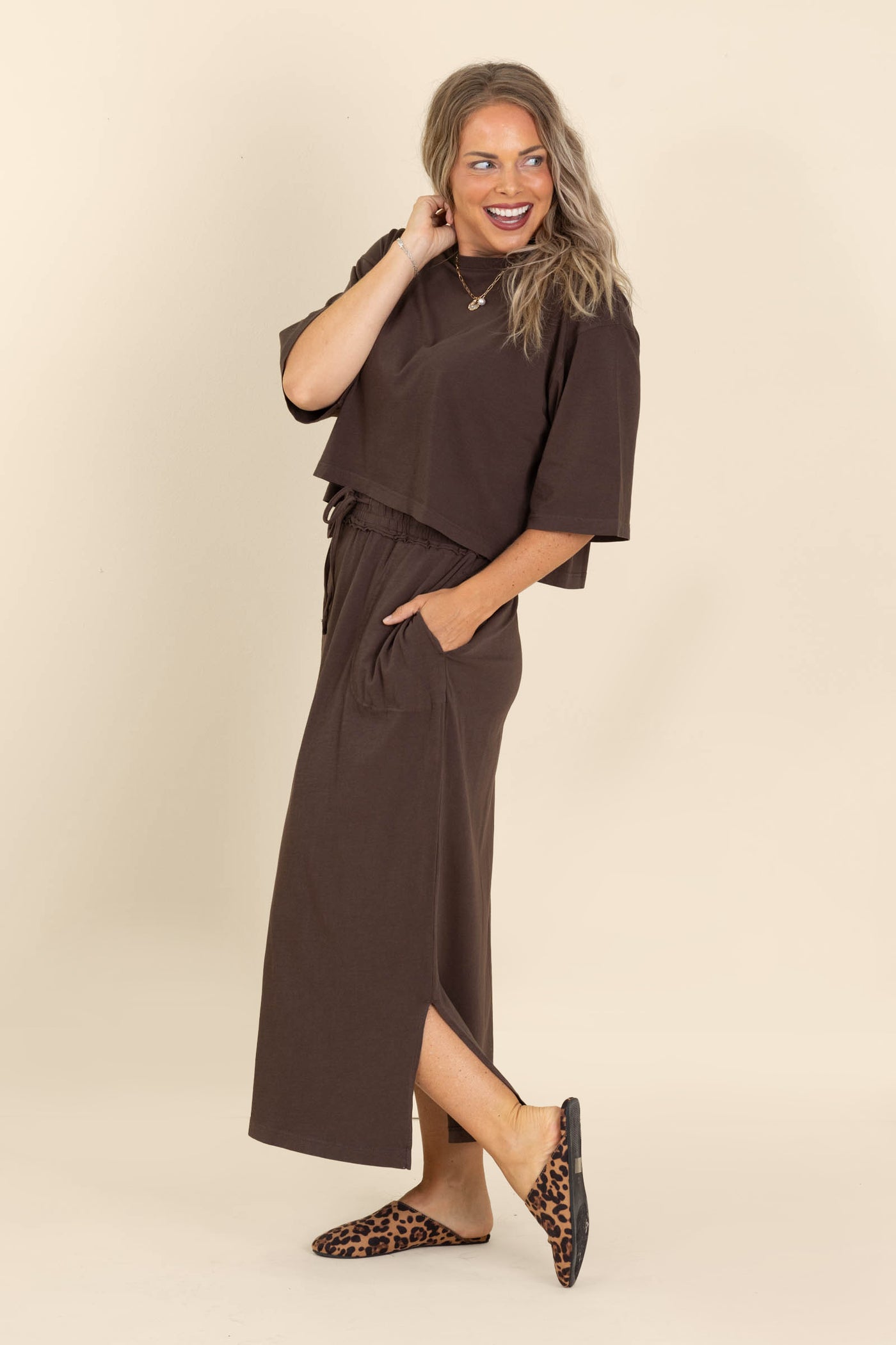 Brown Cotton Top and Skirt Set