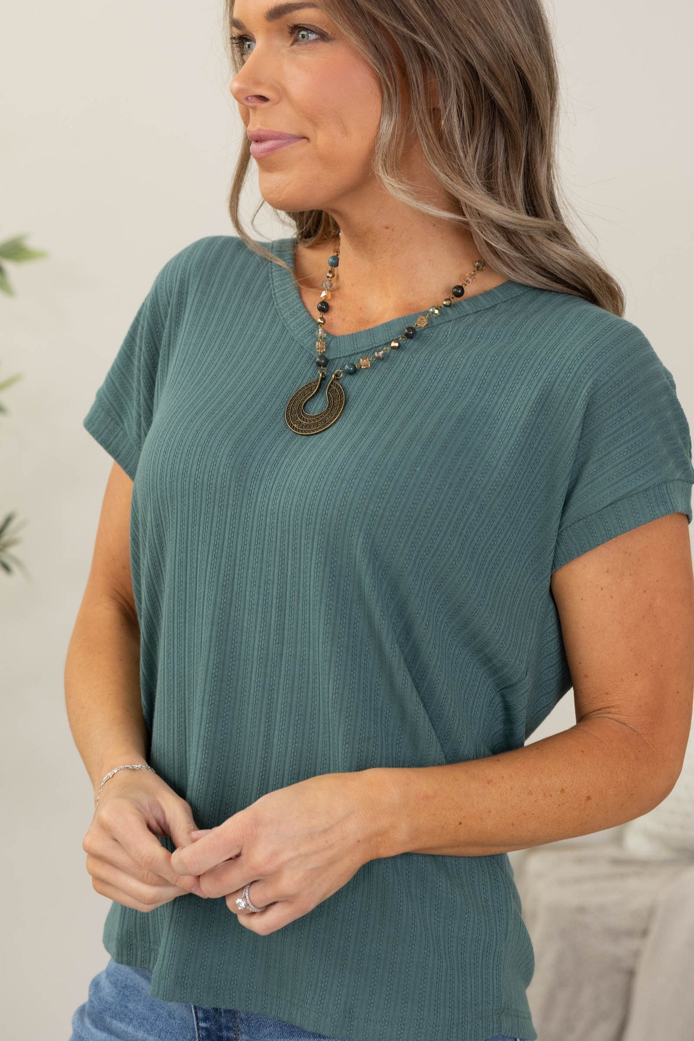 Staccato Olive V-Neck Pointelle Knit Top