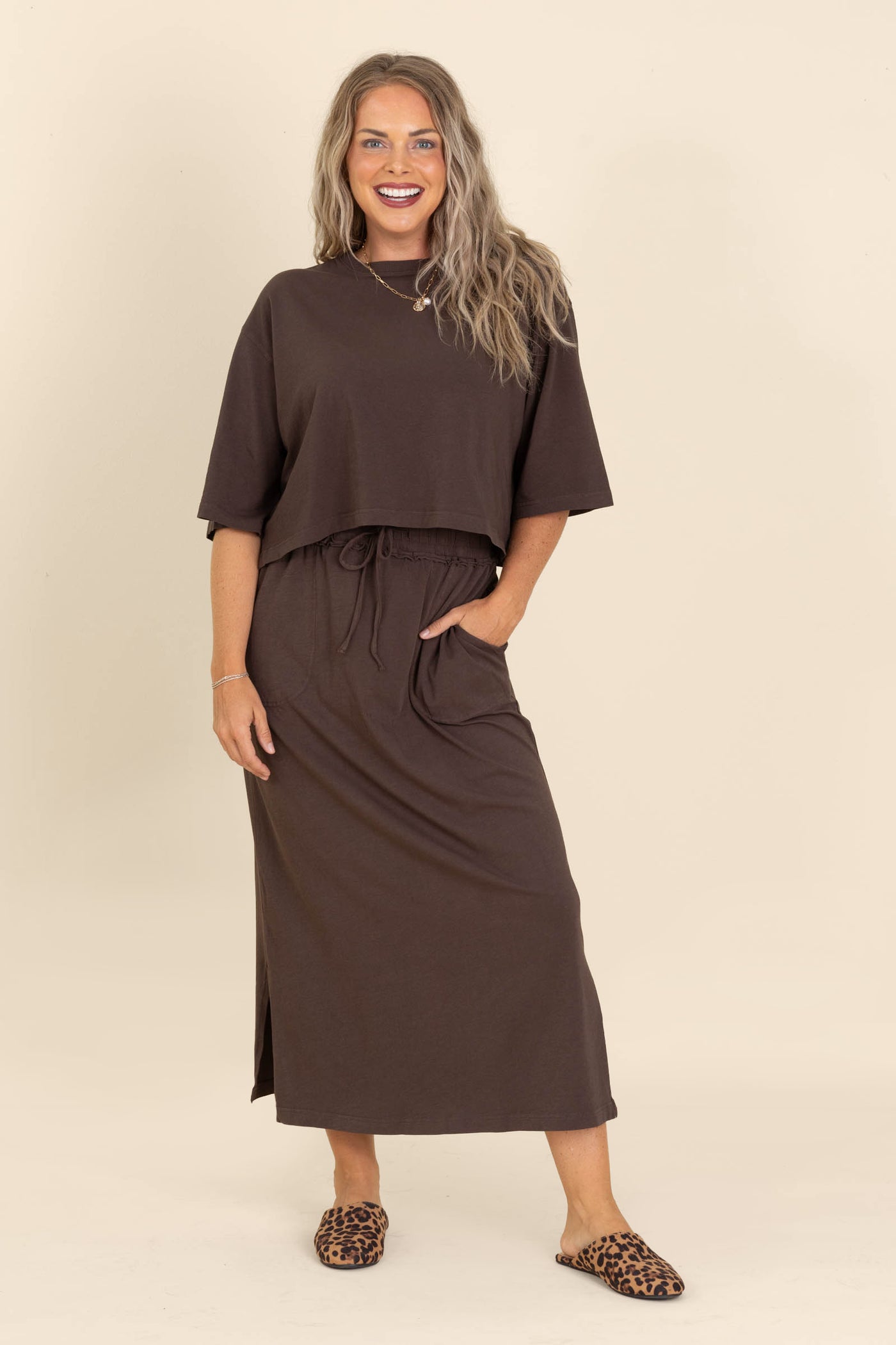 Brown Cotton Top and Skirt Set