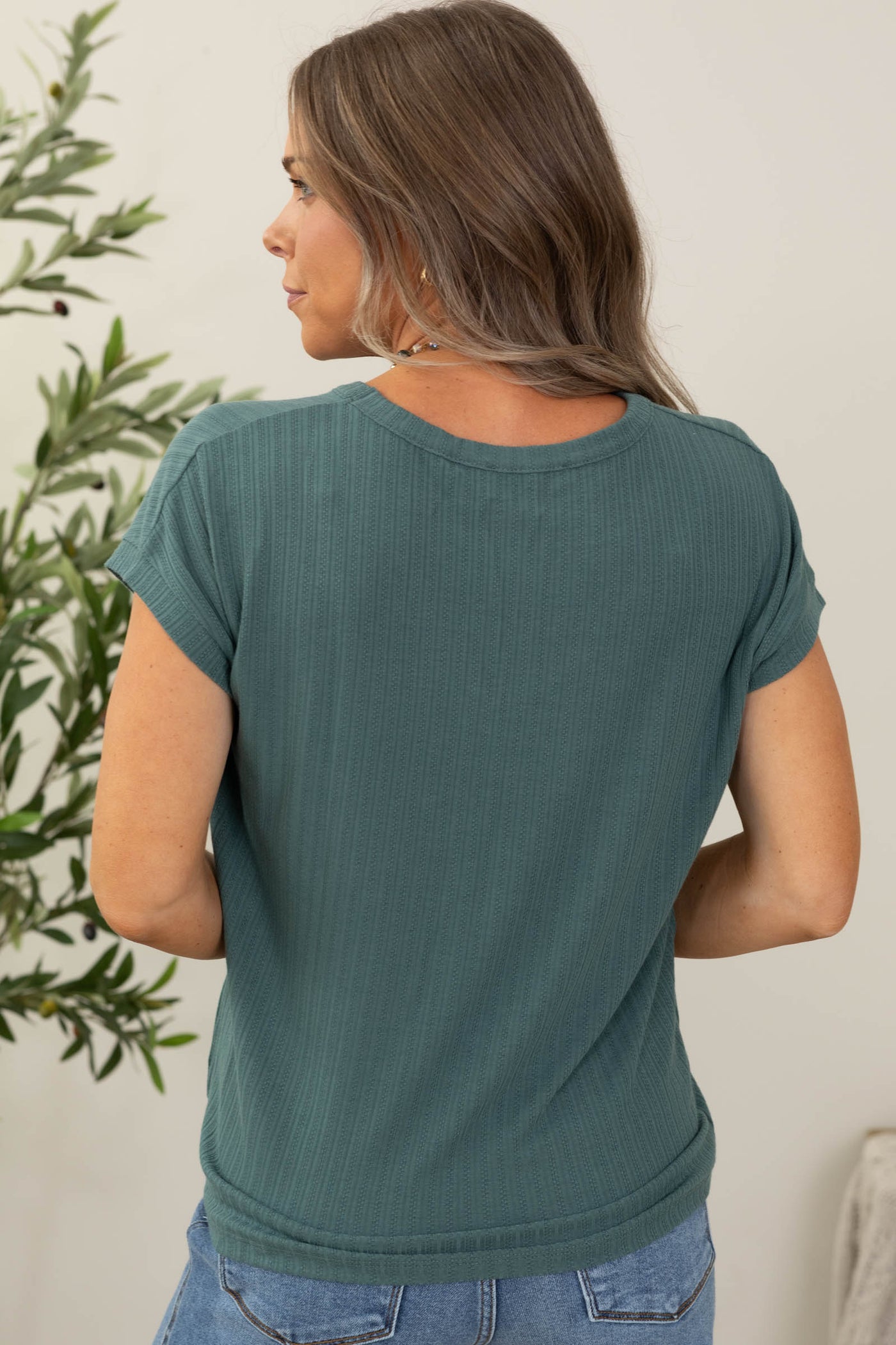 Staccato Olive V-Neck Pointelle Knit Top