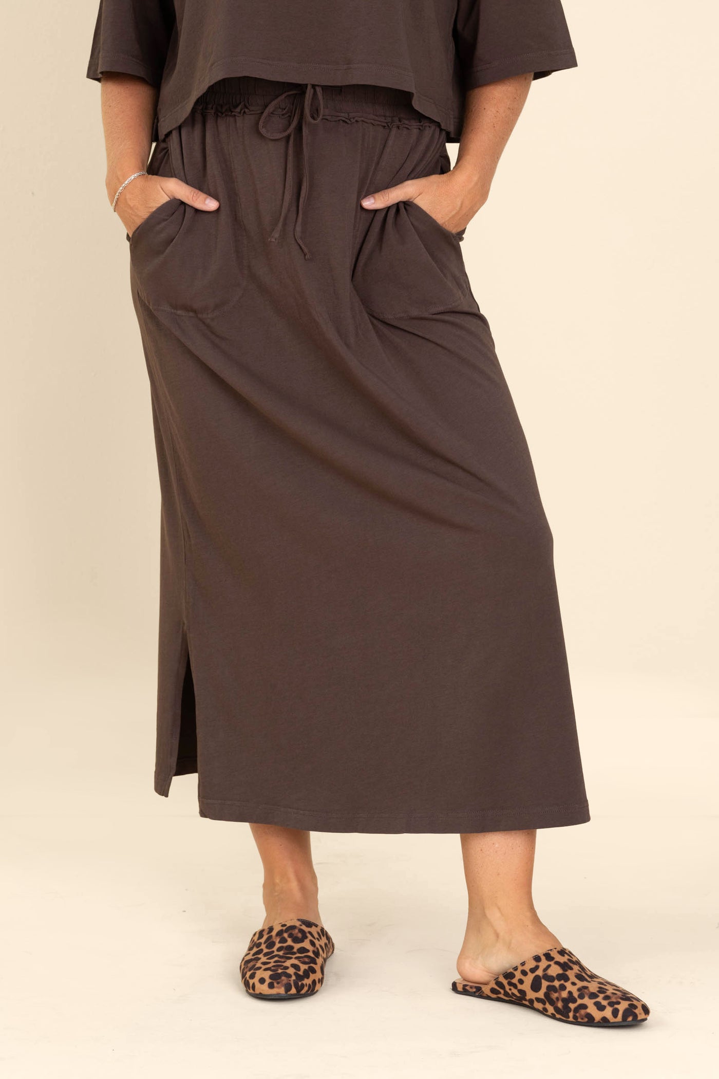 Brown Cotton Top and Skirt Set