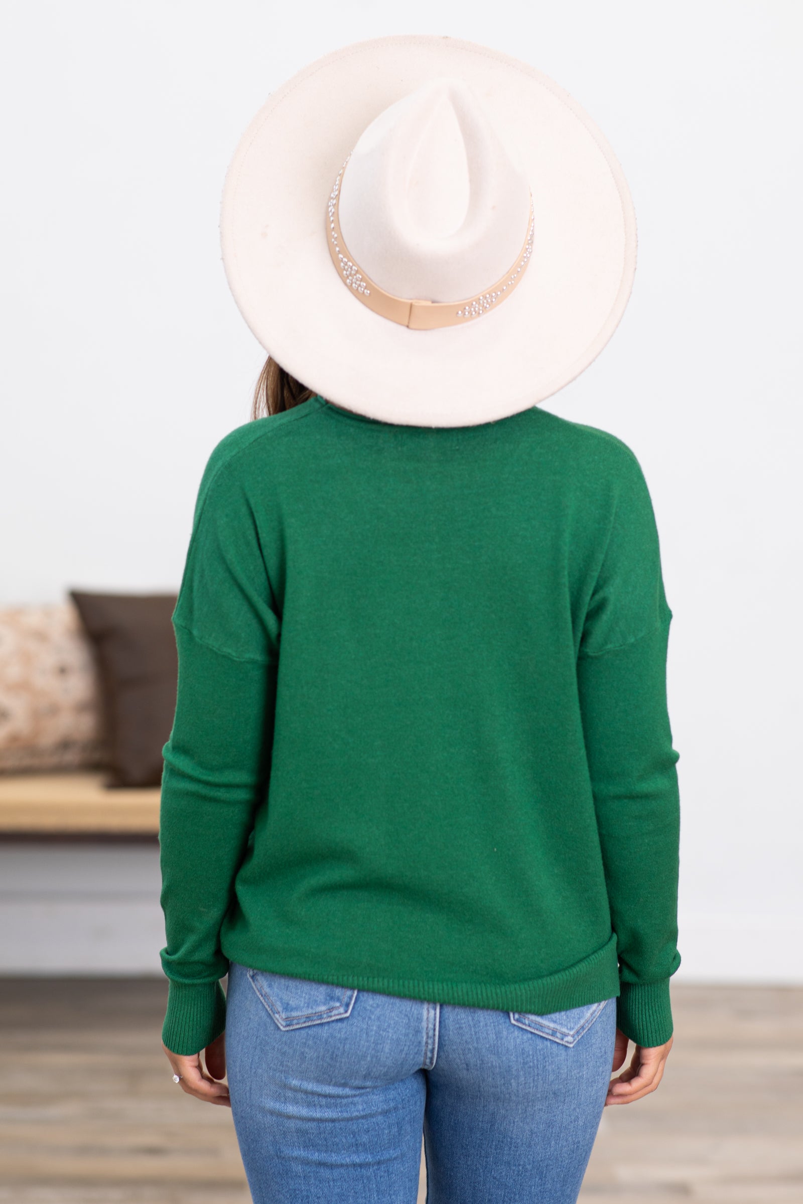 Green Front Seam Round Neck Sweater