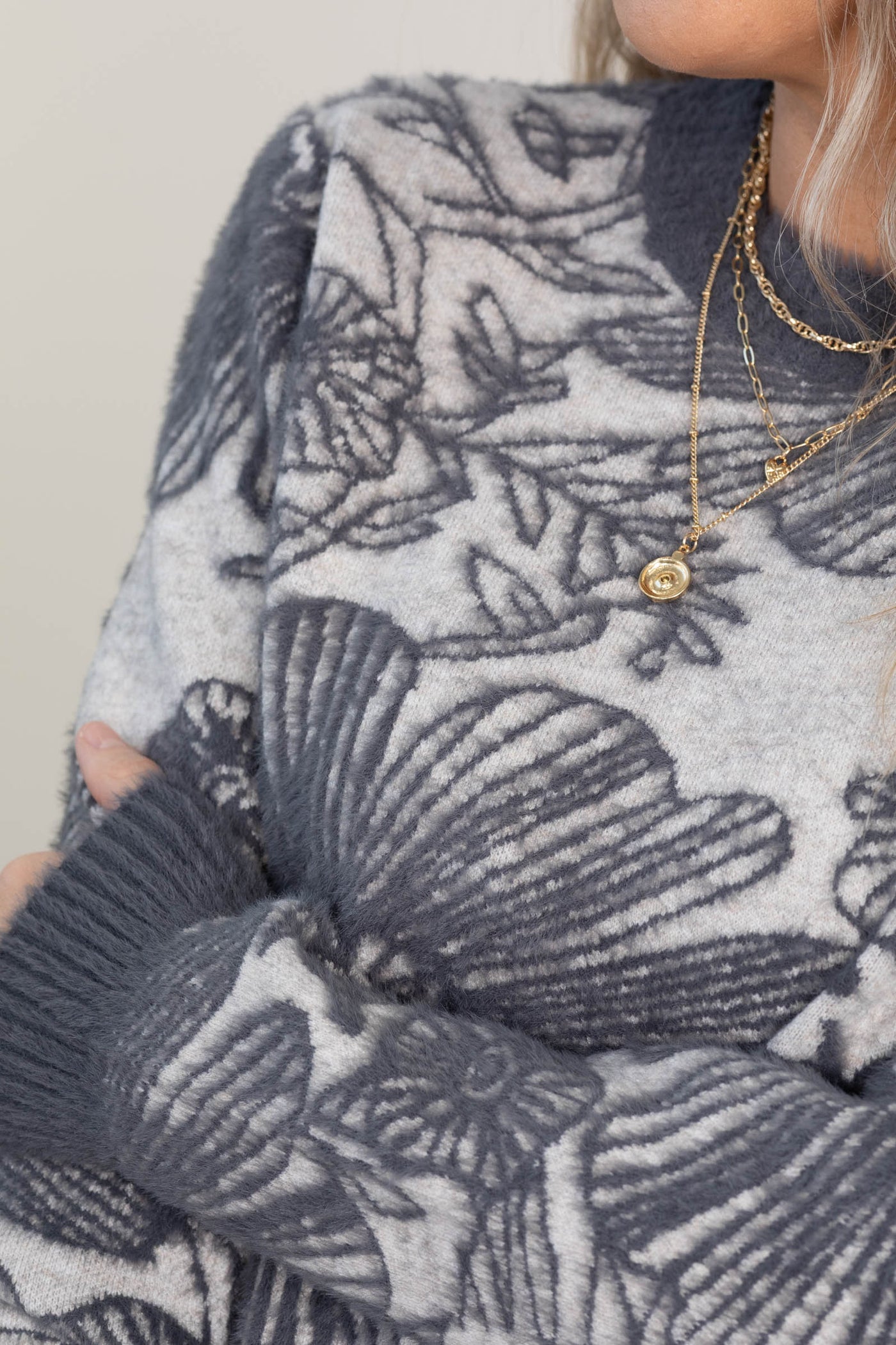 Grey Contrast Trim Crewneck Floral Sweater