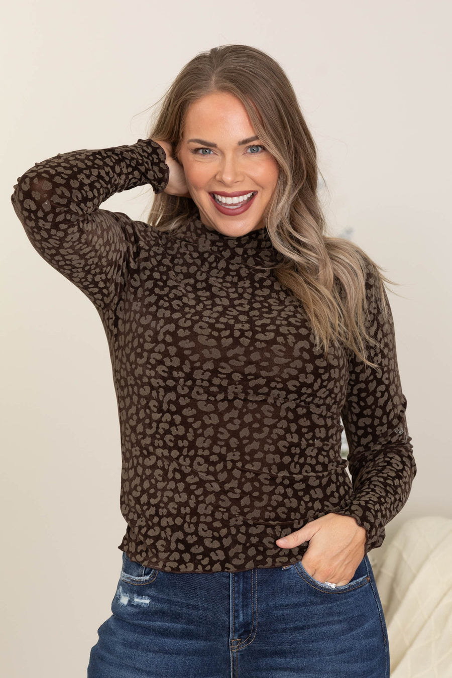 Chocolate Leopard Fitted Long Sleeve Knit Top