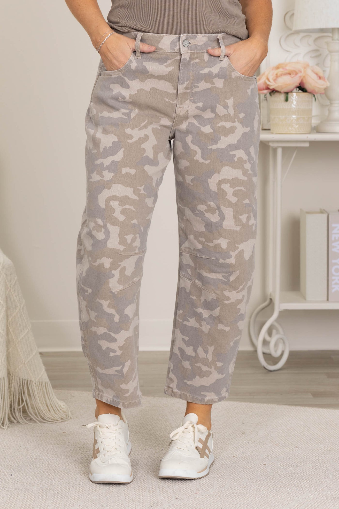 Hidden Sammie Tan Camo Cropped Barrel Jean